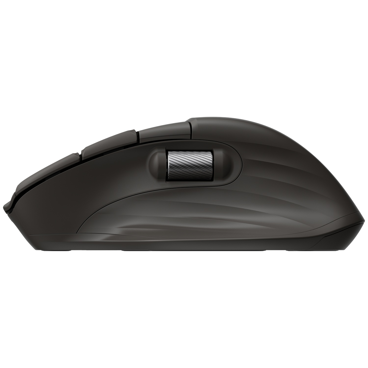 Une souris d'ordinateur noire est montrée de côté. Elle possède une molette et plusieurs boutons, ainsi qu'un design ergonomique et lisse.