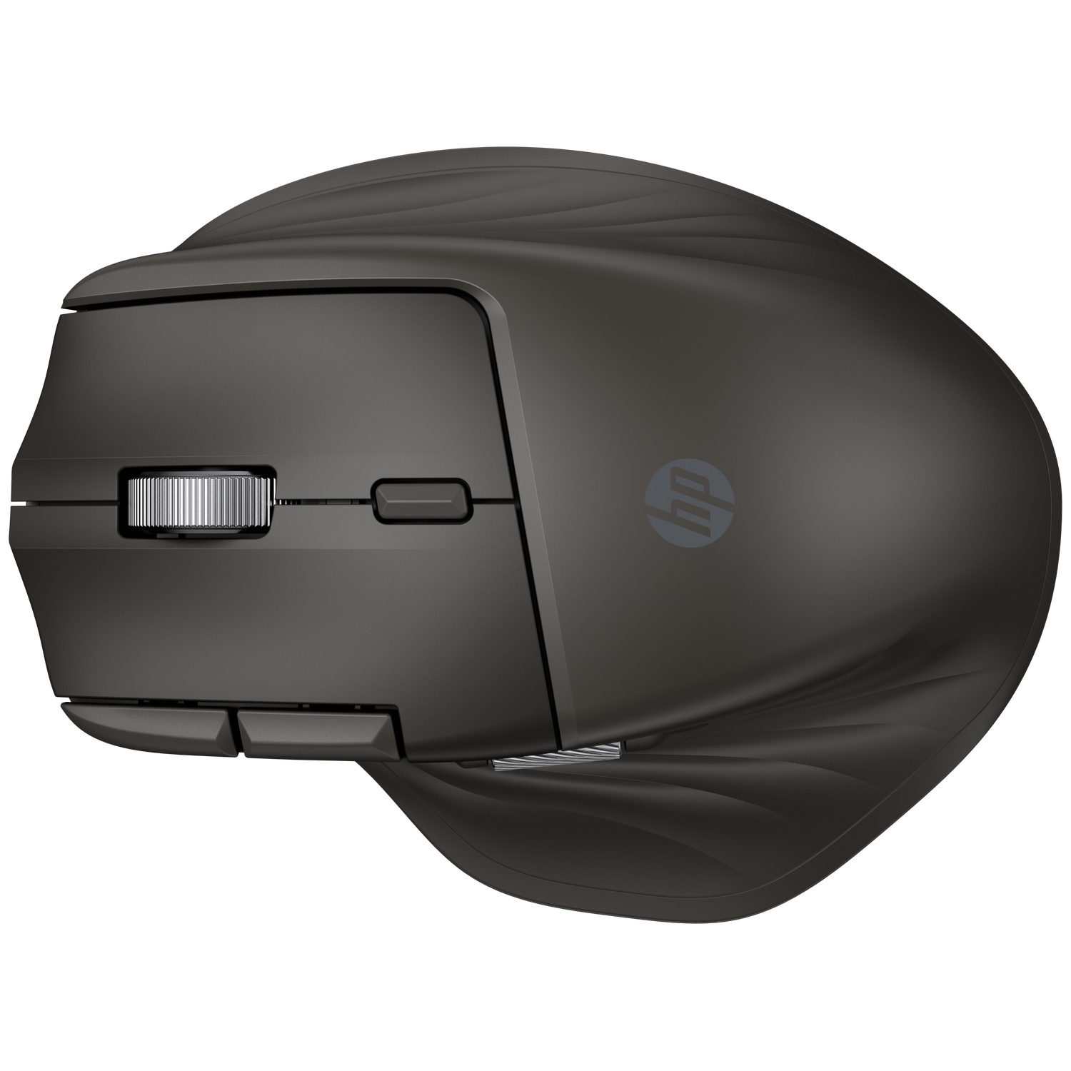 Une souris sans fil HP noire sur fond blanc. Elle a une molette, des boutons et le logo HP.