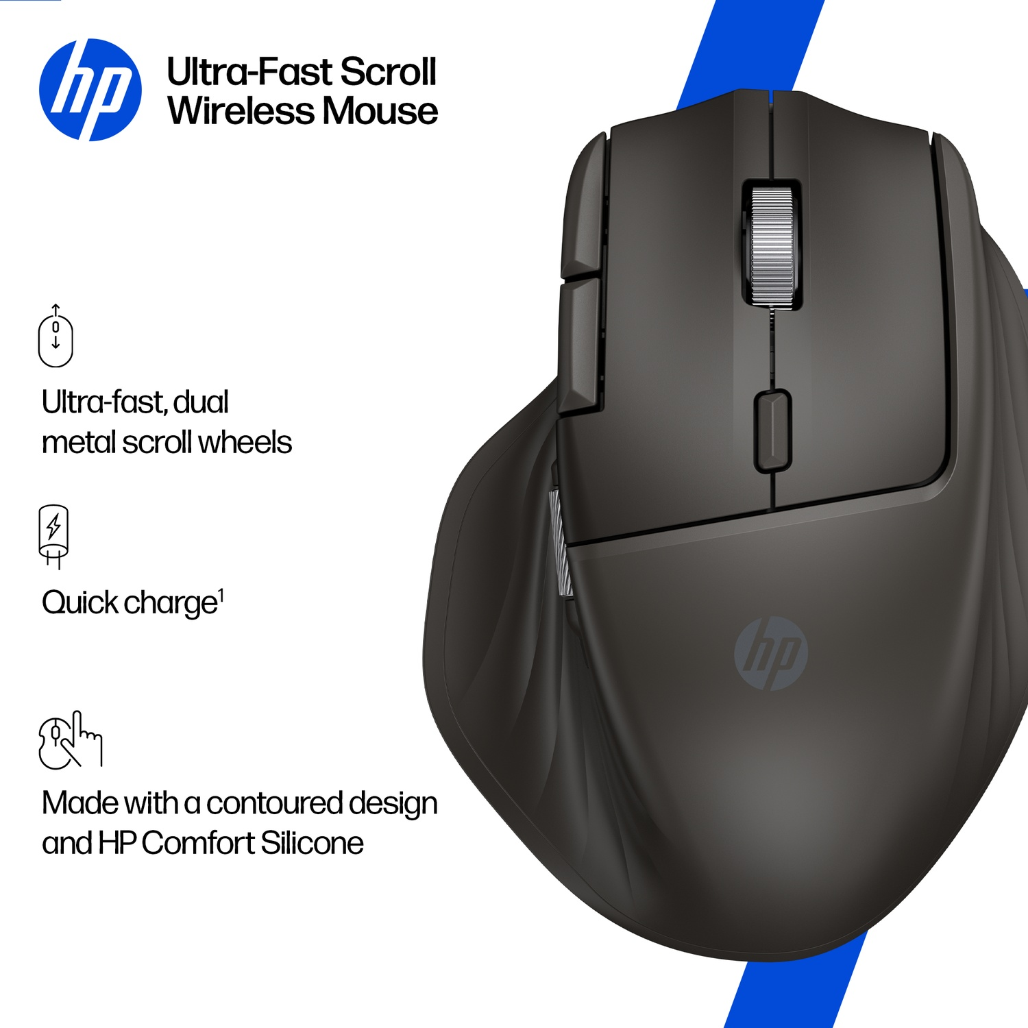 Souris sans fil HP noire avec molette de défilement. Comprend charge rapide, design profilé et silicone confort.