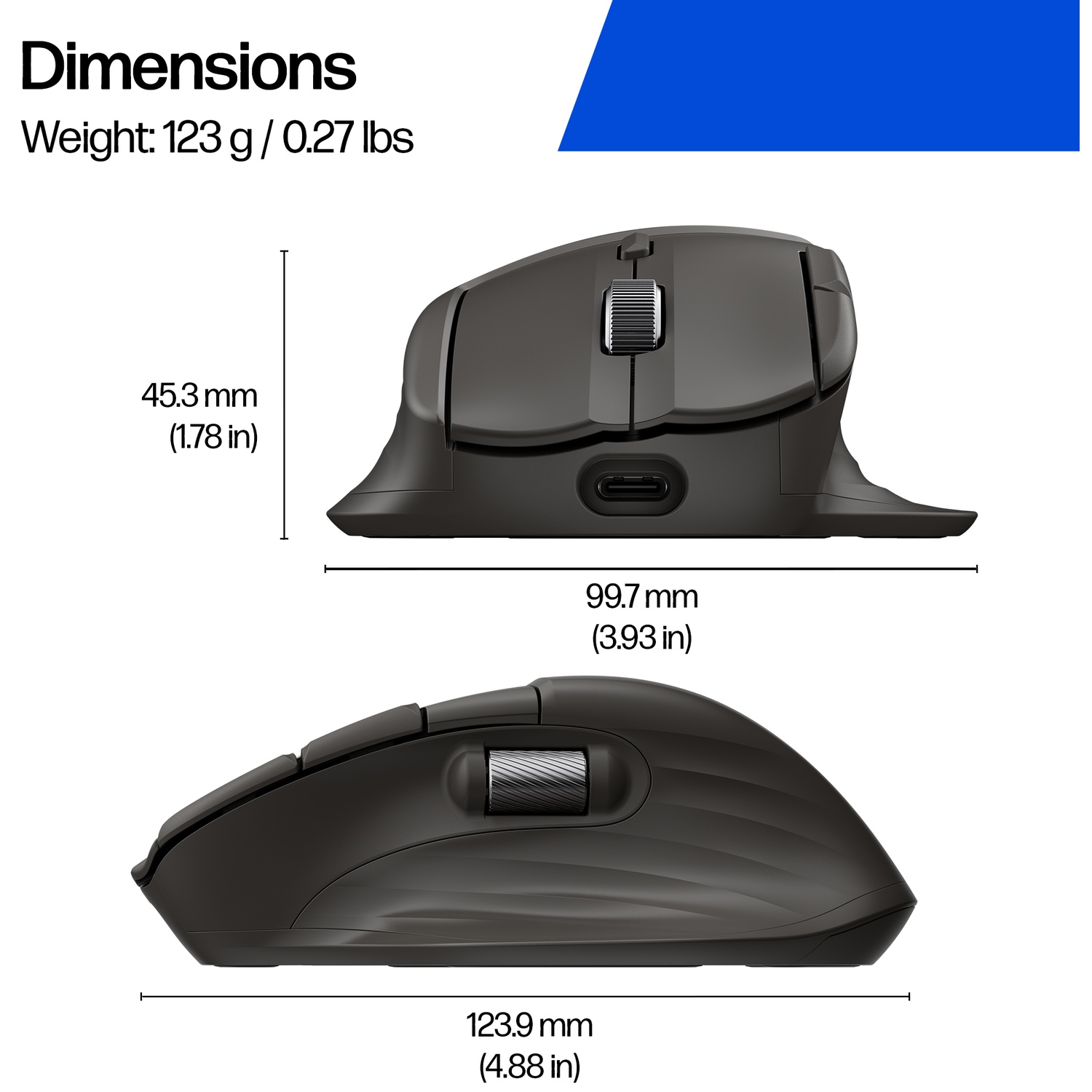 L'image montre une souris d'ordinateur noire avec des dimensions et des détails de poids : 123g, 45,3mm de hauteur, 99,7mm de longueur et 123,9mm de largeur.