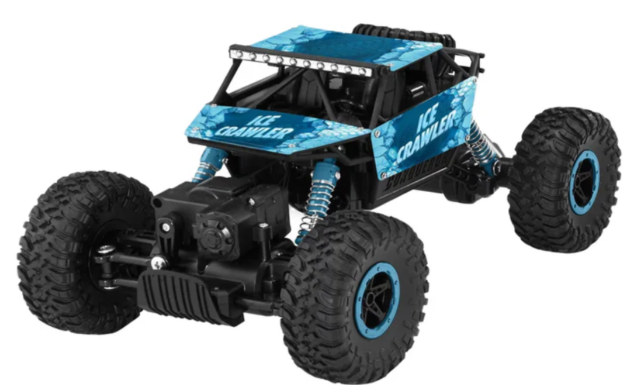 Ein schwarz-blaues Spielzeugauto. Es trägt die Aufschrift 'ICE CRAWLER' mit groben Reifen.