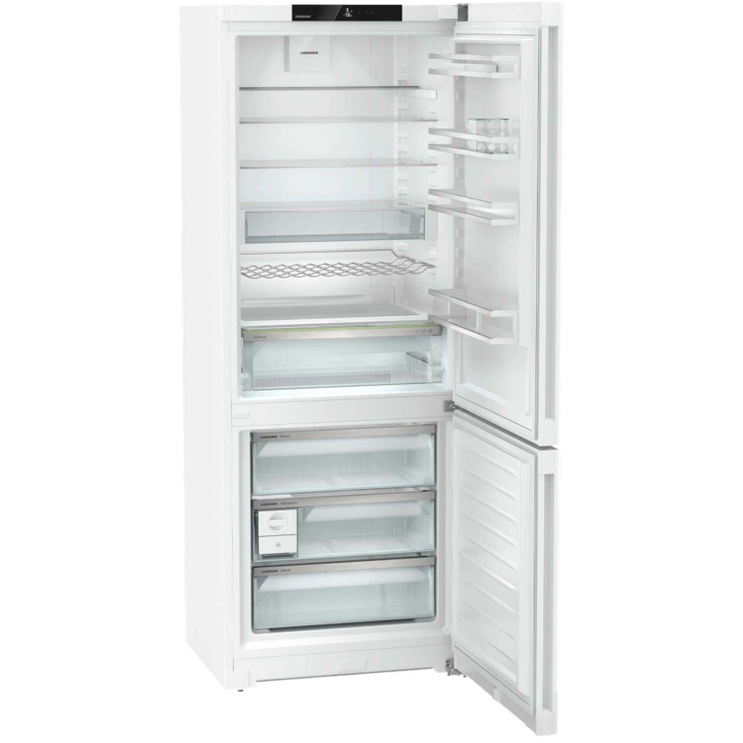 A white refrigerator with the door open, showing shelves, drawers, and compartments. The interior is mostly empty.