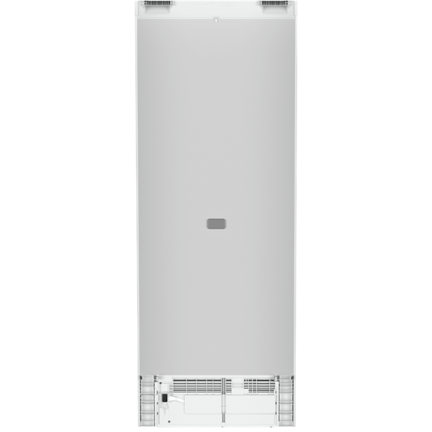 The back of a white refrigerator. It has a smooth surface with a small, rectangular handle. The bottom has vents and a power input.