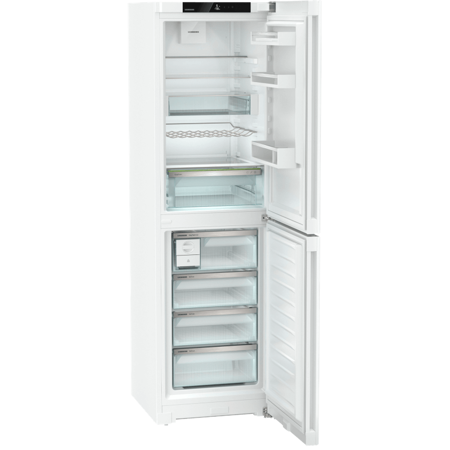 Open white refrigerator with two doors. The upper door reveals shelves, while the lower shows freezer drawers. Both doors are ajar.