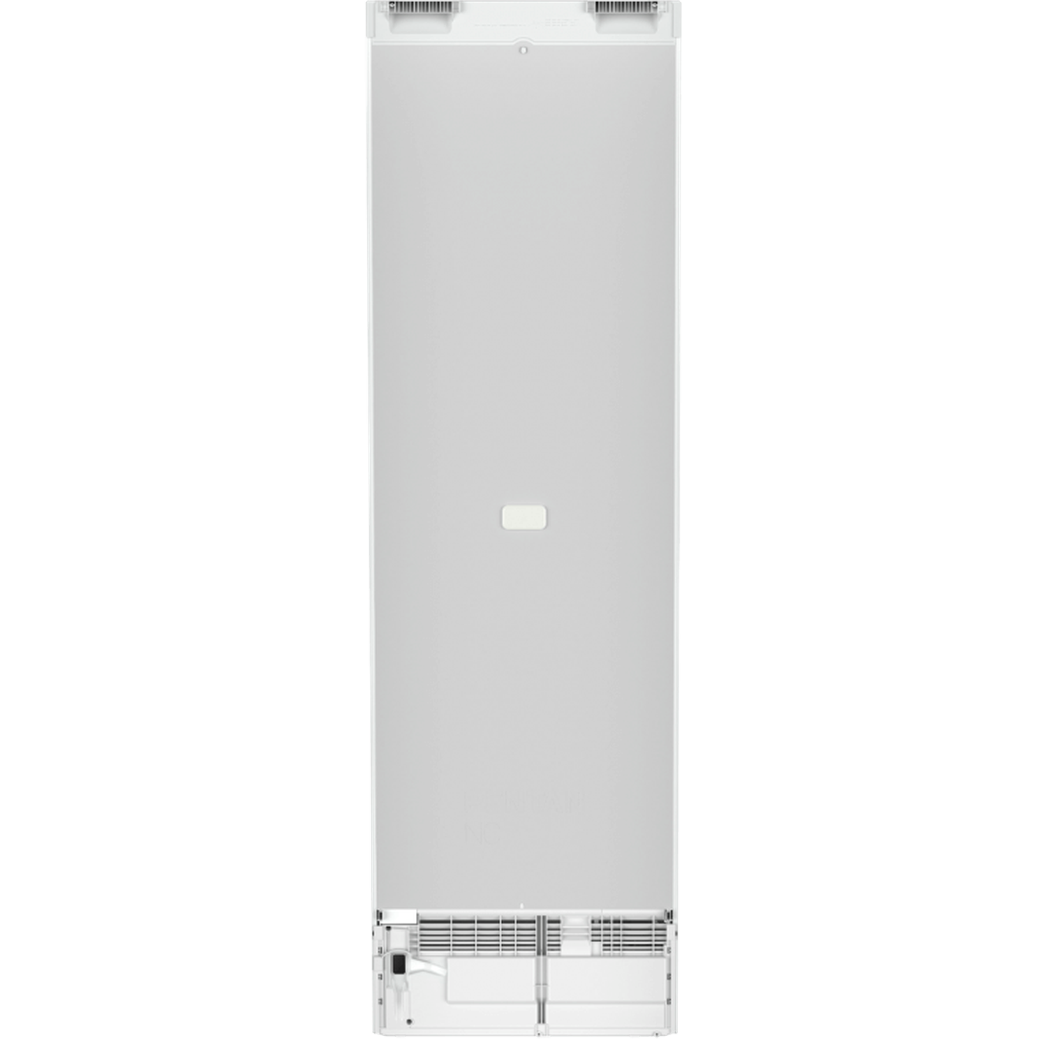 A white refrigerator back view. It has a long rectangular shape, with vents at the top and bottom. A small button is in the middle.