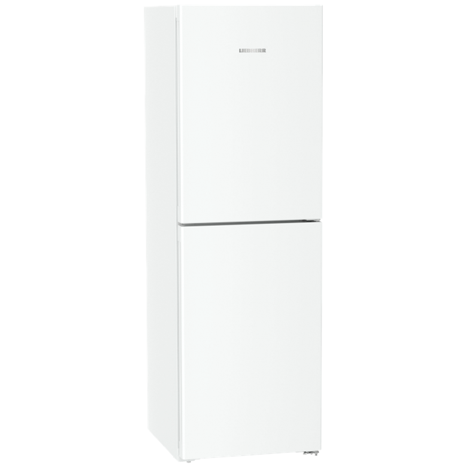 A white Liebherr refrigerator. It has a top and bottom section separated by a horizontal line. The Liebherr logo is on top.