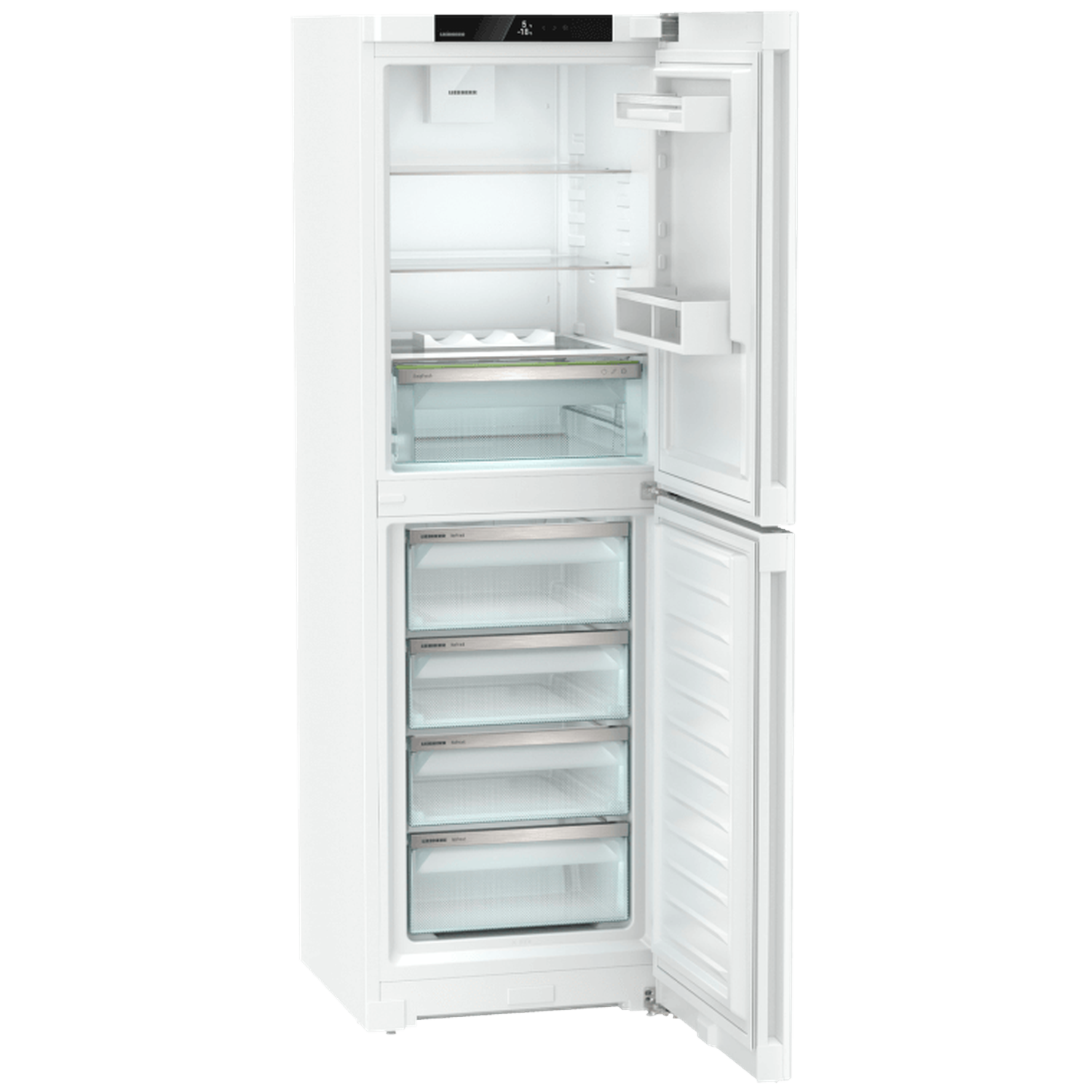 A white refrigerator with open doors. Inside, there are shelves, drawers, and a freezer. The fridge is empty.