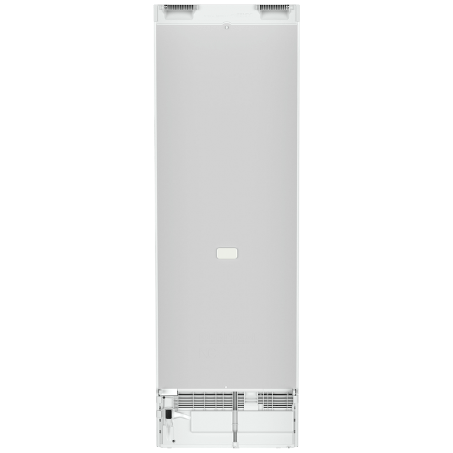 A tall, white refrigerator back. It has a vent at the bottom, a small rectangle in the middle, and top vents.