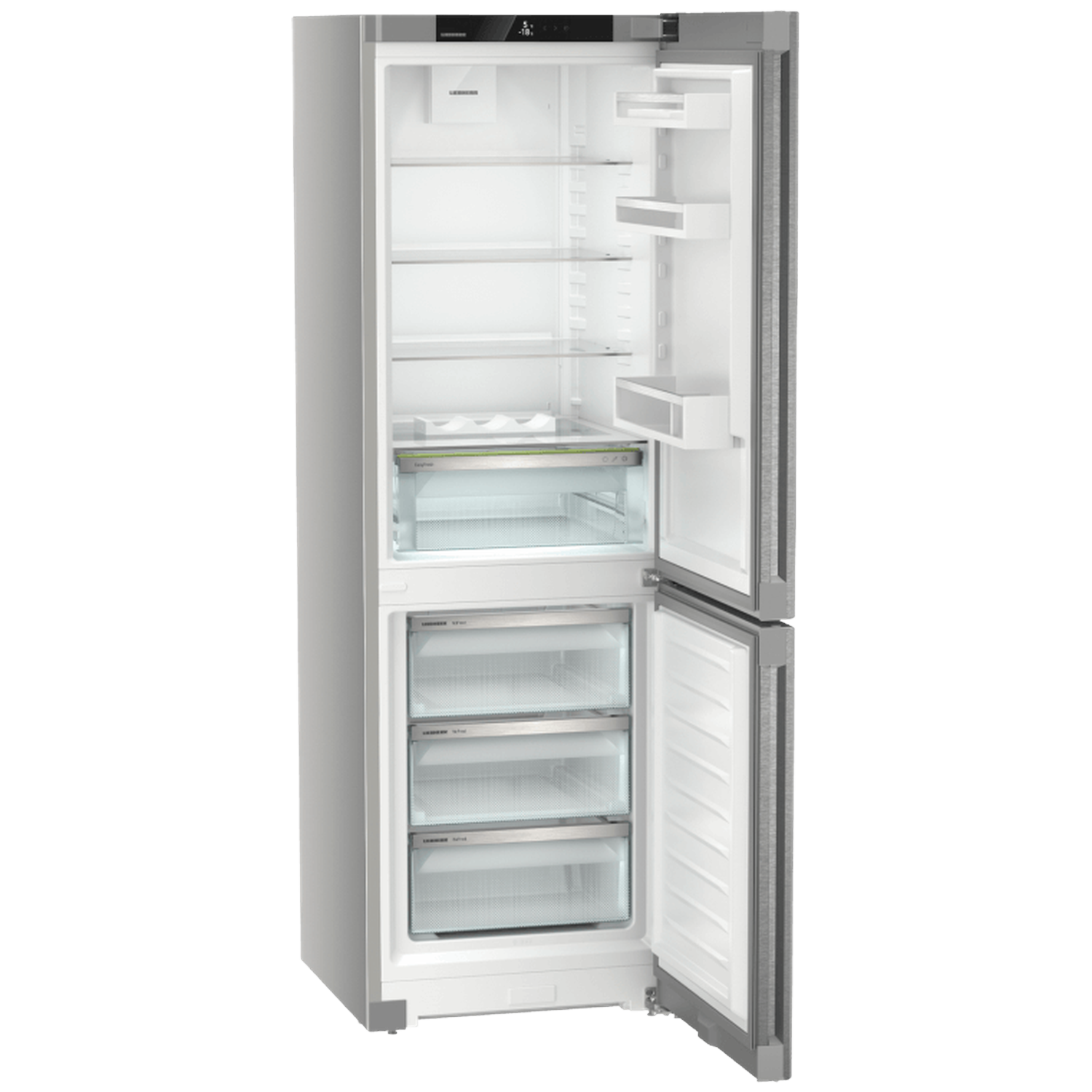 Open silver refrigerator with white interior. The upper door is open, showing shelves. The lower door is open, showing freezer drawers.