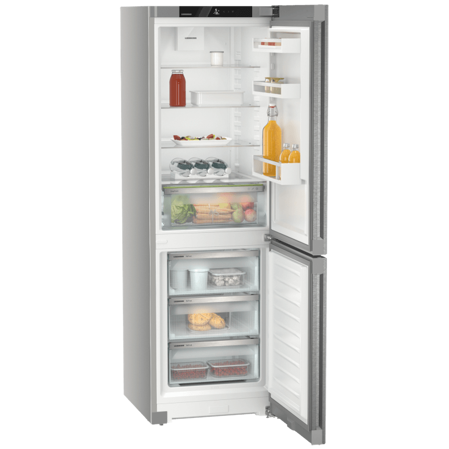 Open refrigerator showing contents: jars, fruits, vegetables, and containers on shelves. The door is ajar, revealing interior.