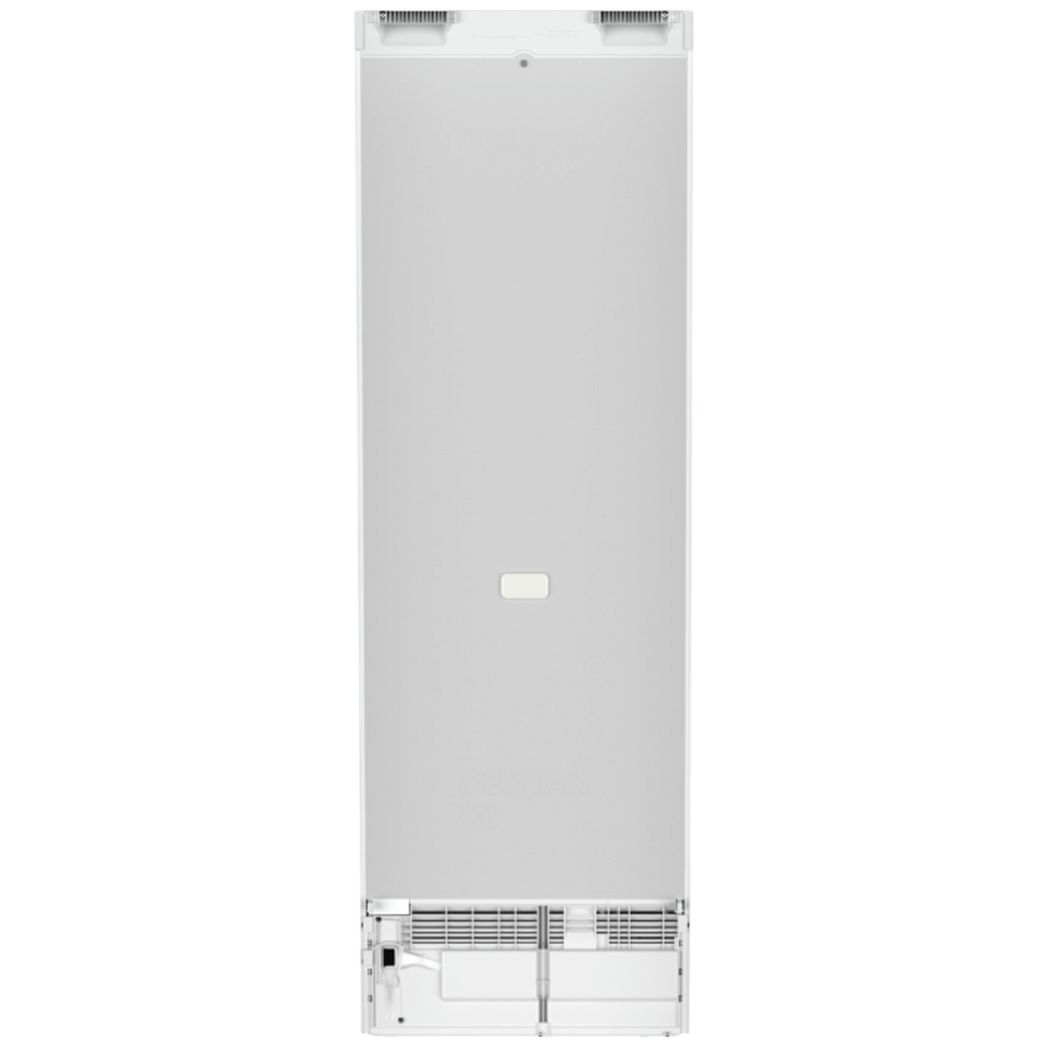 A white refrigerator back. It has a vent at the bottom, a small rectangle in the middle, and a top vent.