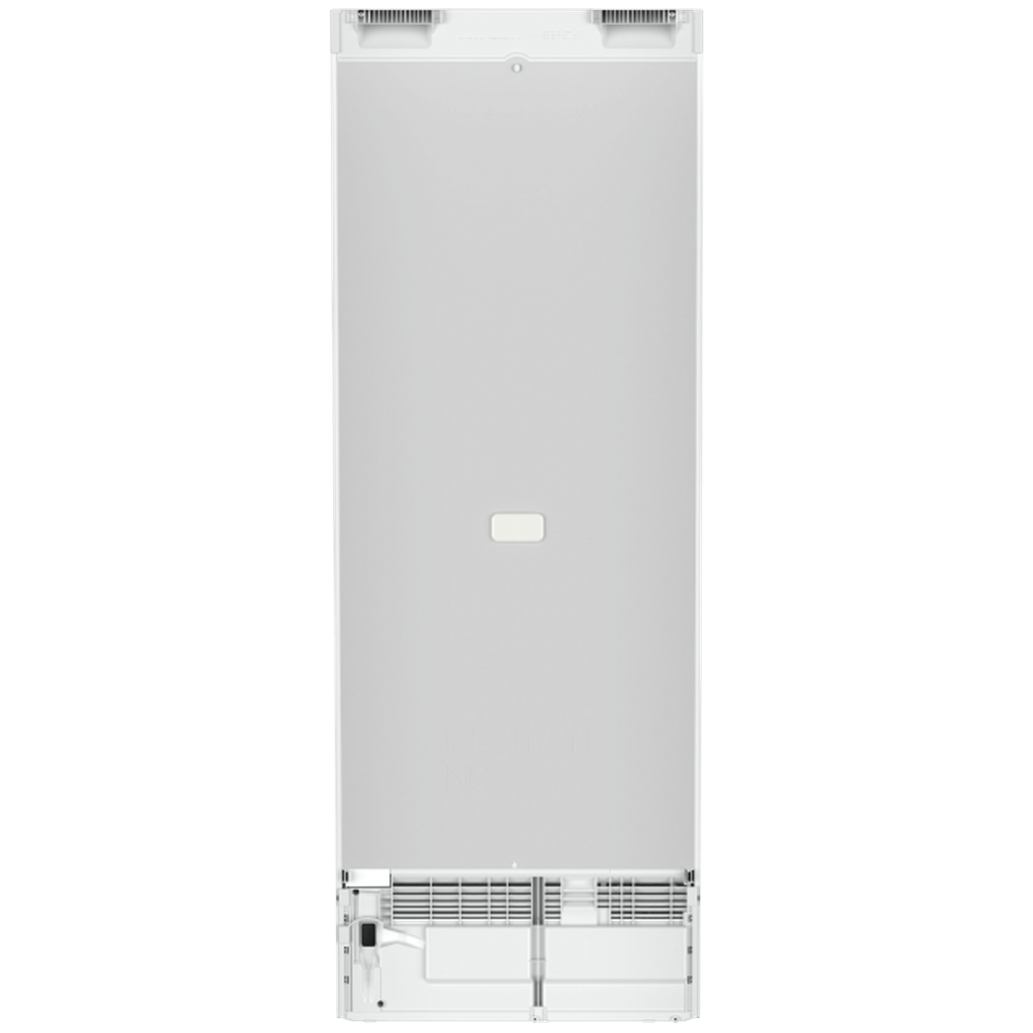 De achterkant van een witte koelkast. Het heeft ventilatieopeningen aan de boven- en onderkant. Een kleine rechthoekige knop in het midden.