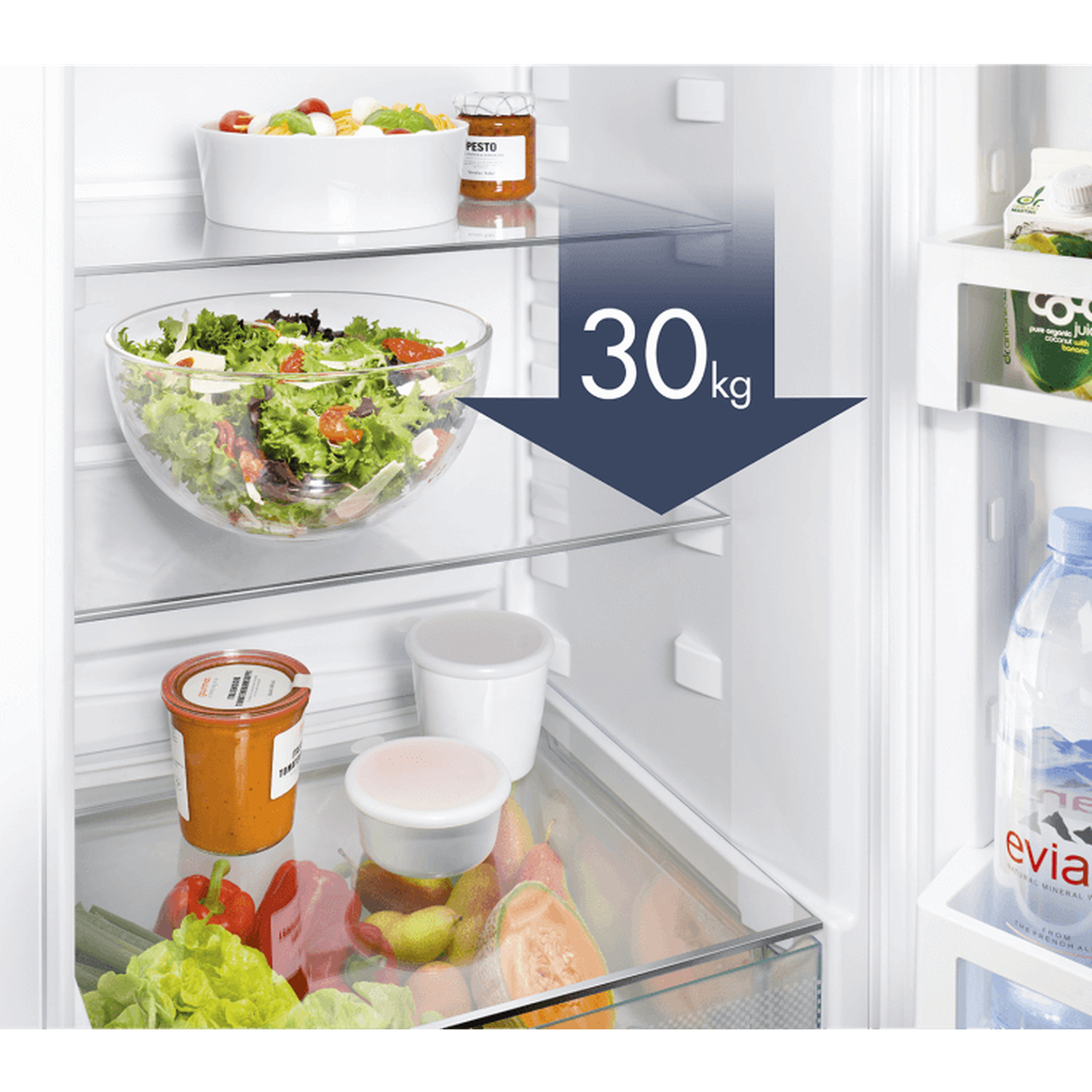 Inside a fridge: salads, pesto, vegetables, juice, and water bottles are visible. A 30kg arrow indicates the capacity.