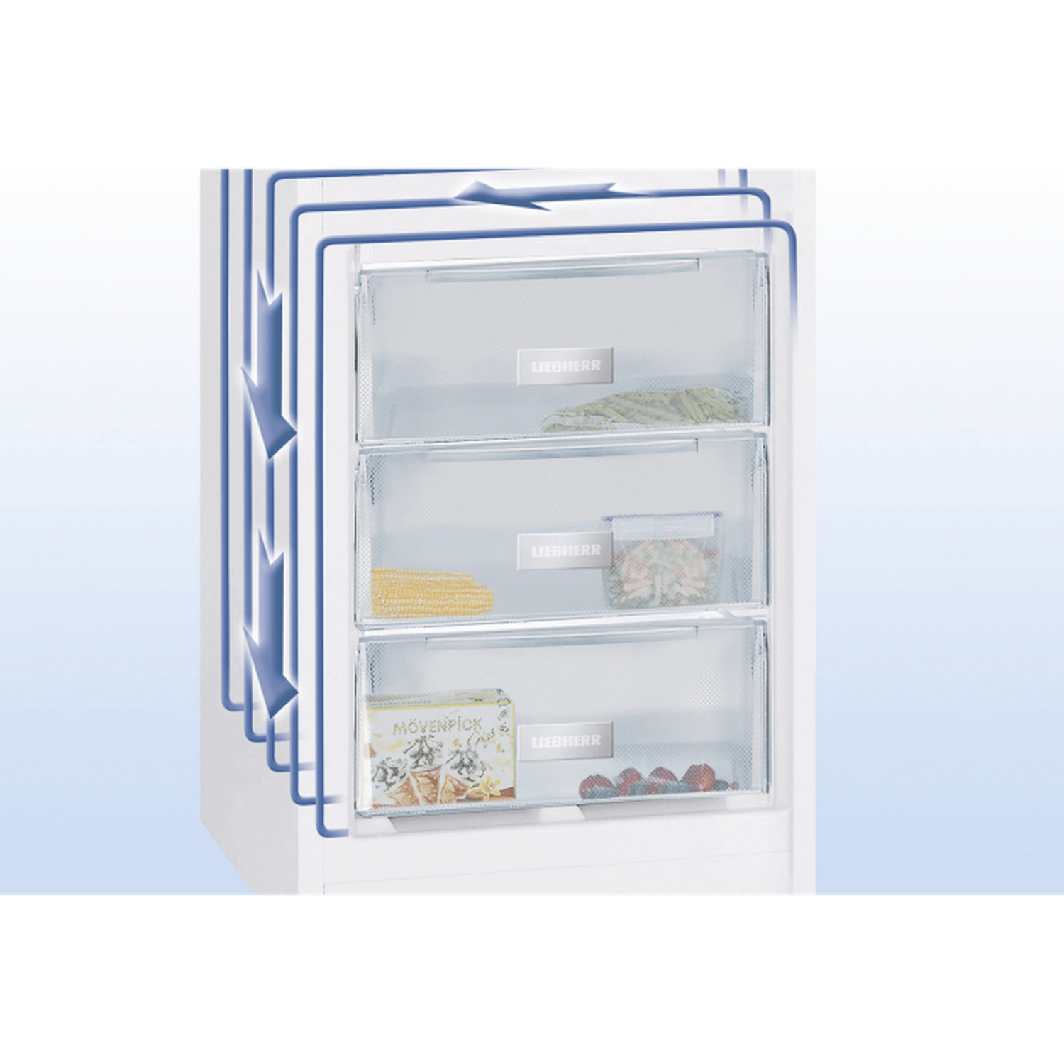 A white freezer with three drawers. Each drawer contains food, including vegetables, ice cream, and berries. Blue lines indicate airflow.