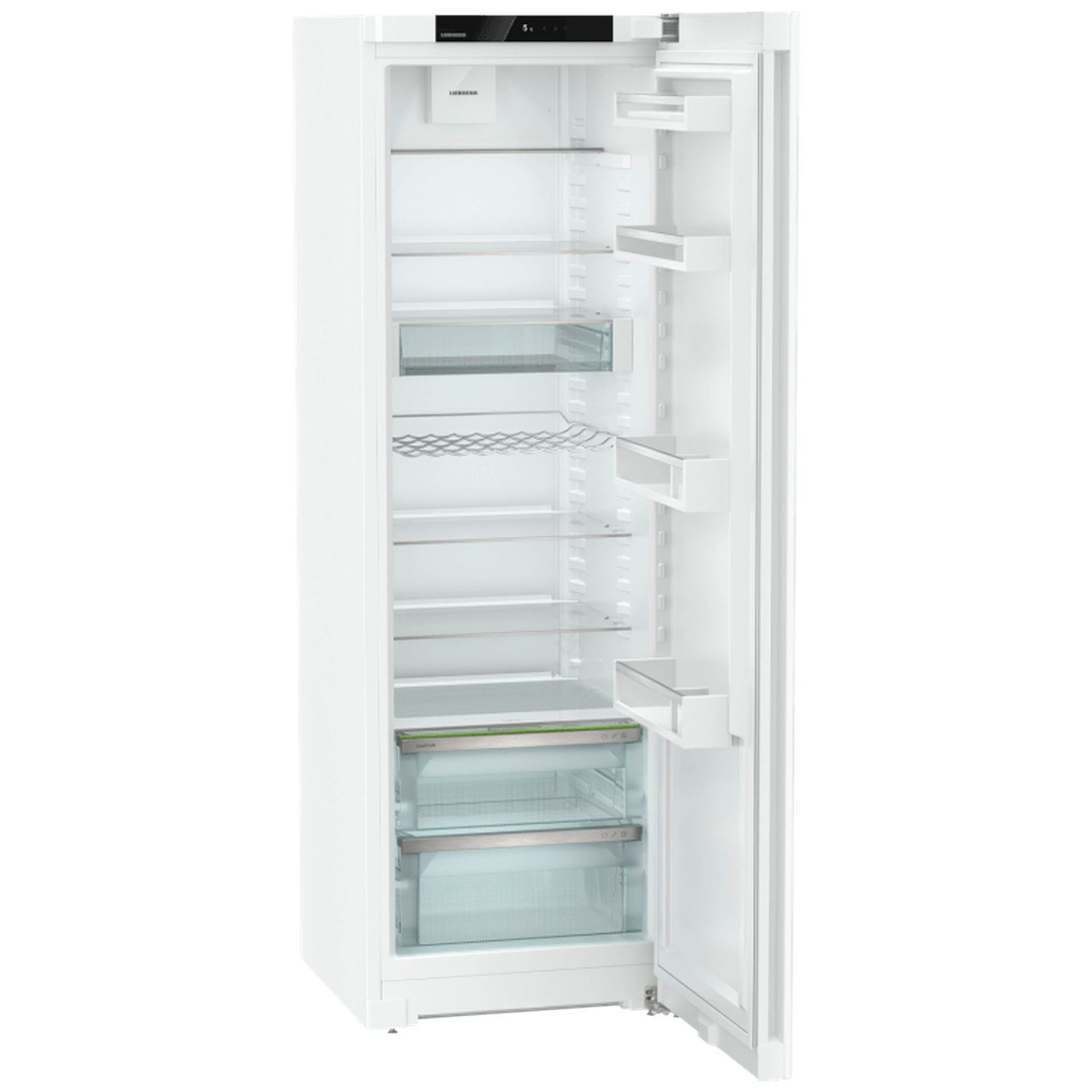 Open white refrigerator with glass shelves and drawers. The door is ajar, showing inside. It has a Liebherr logo.