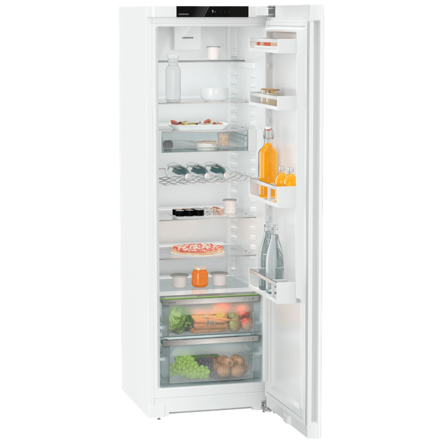 Open white refrigerator filled with food: fruits, vegetables, pizza, drinks, sushi, and jars. The door is open.