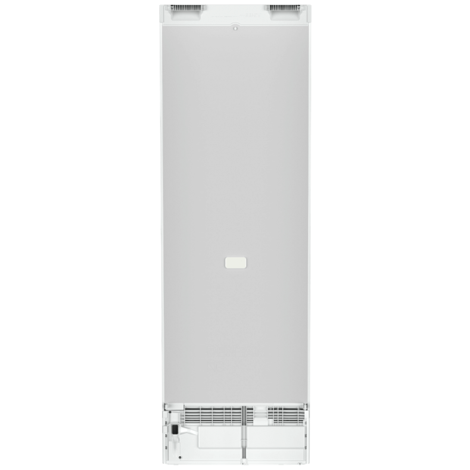 A white refrigerator back. It has a vent at the bottom and top. A small white rectangle is in the middle.