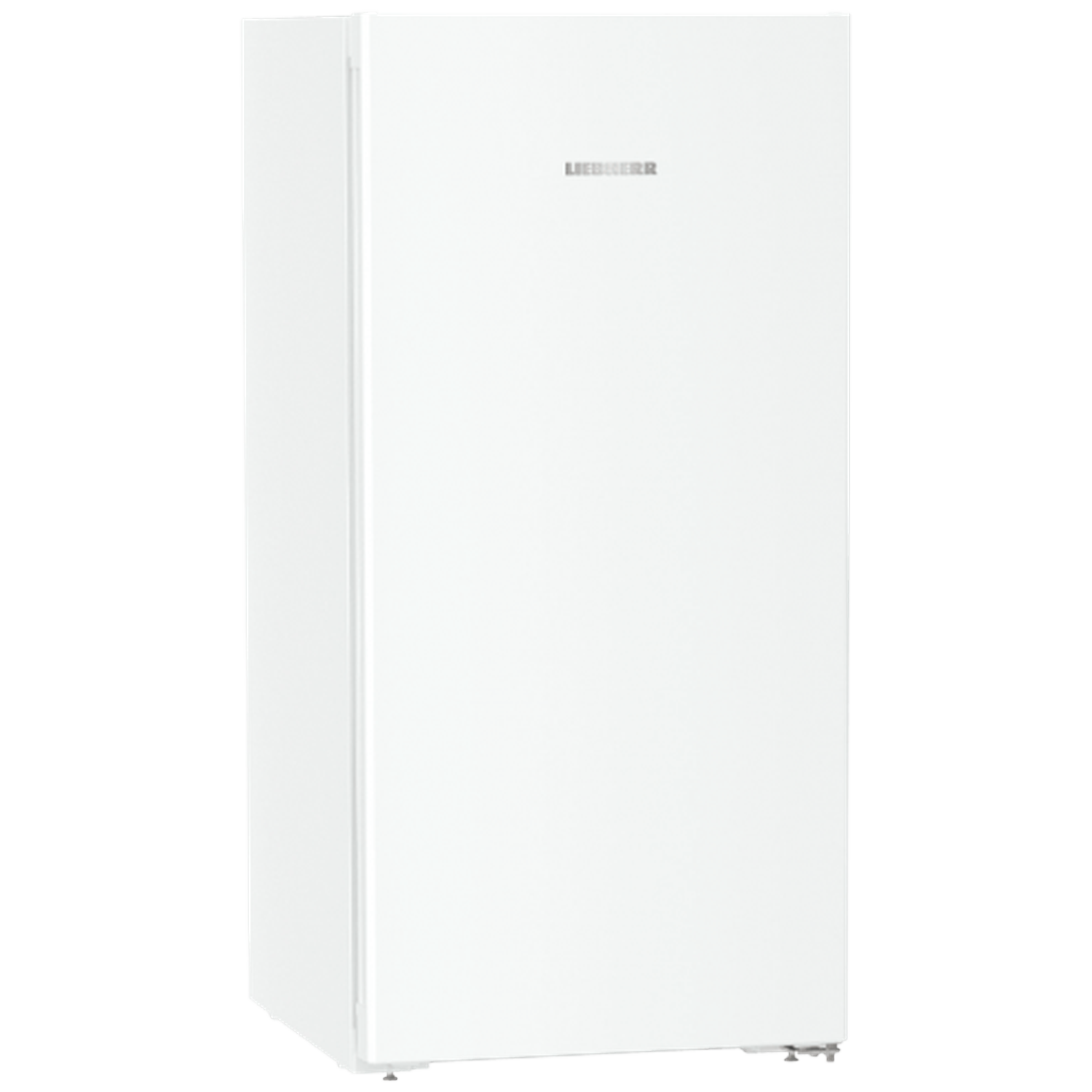A white Liebherr refrigerator stands upright. It has a single door with the brand name at the top.