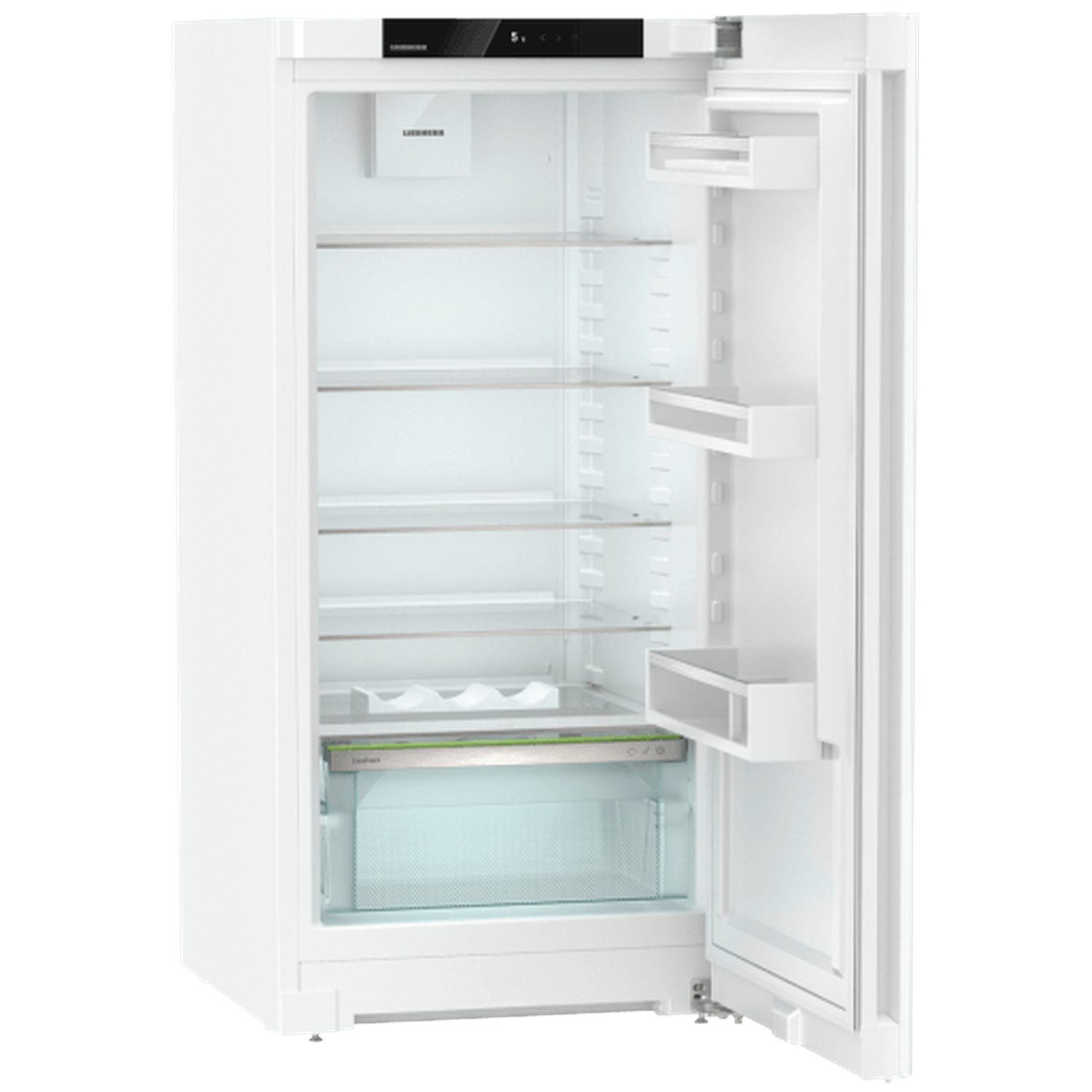 Open white refrigerator with shelves and drawers. The door is open, showing the interior. Top has a control panel.