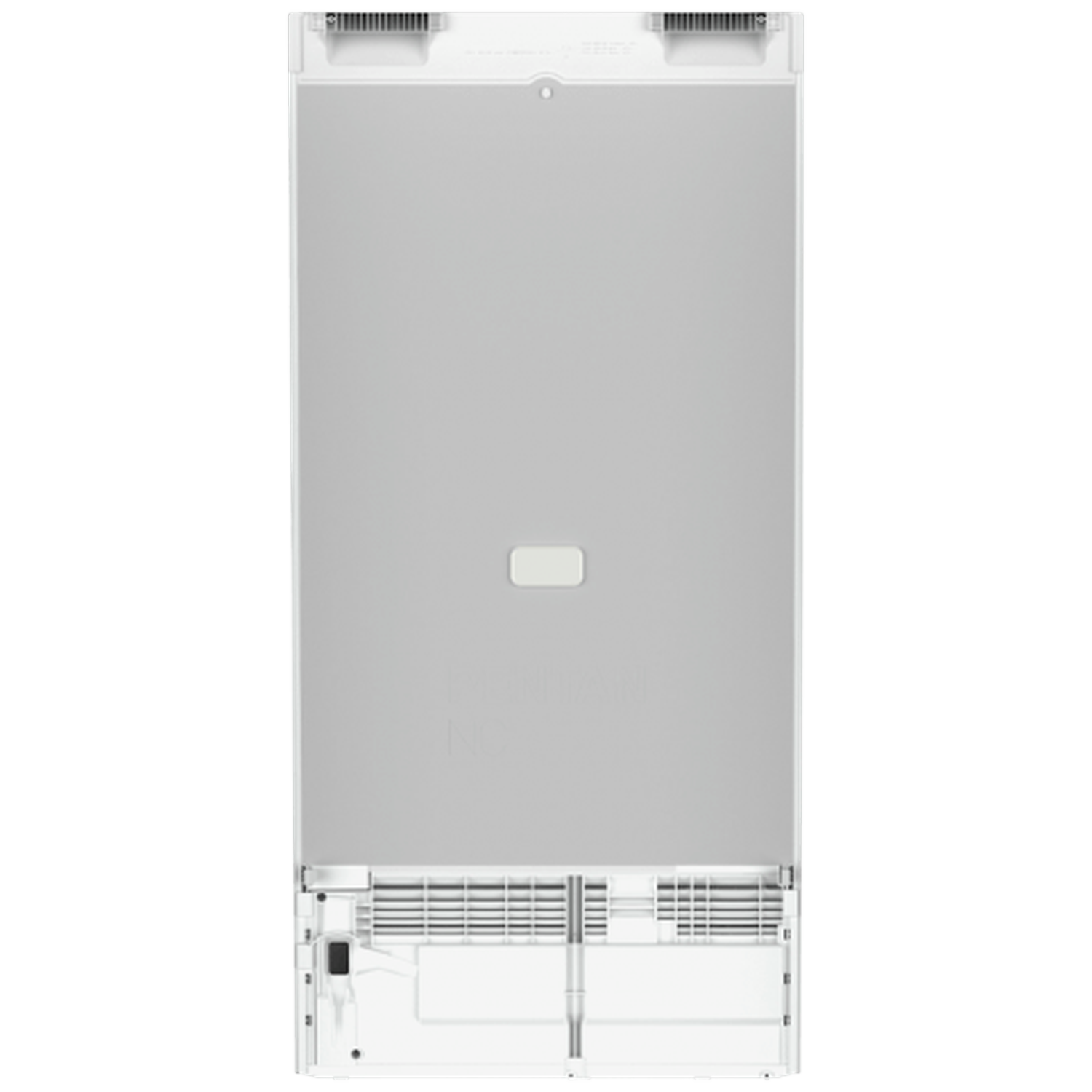 The back of a white refrigerator. It has a gray central panel with a small rectangular button. The top and bottom have vents.