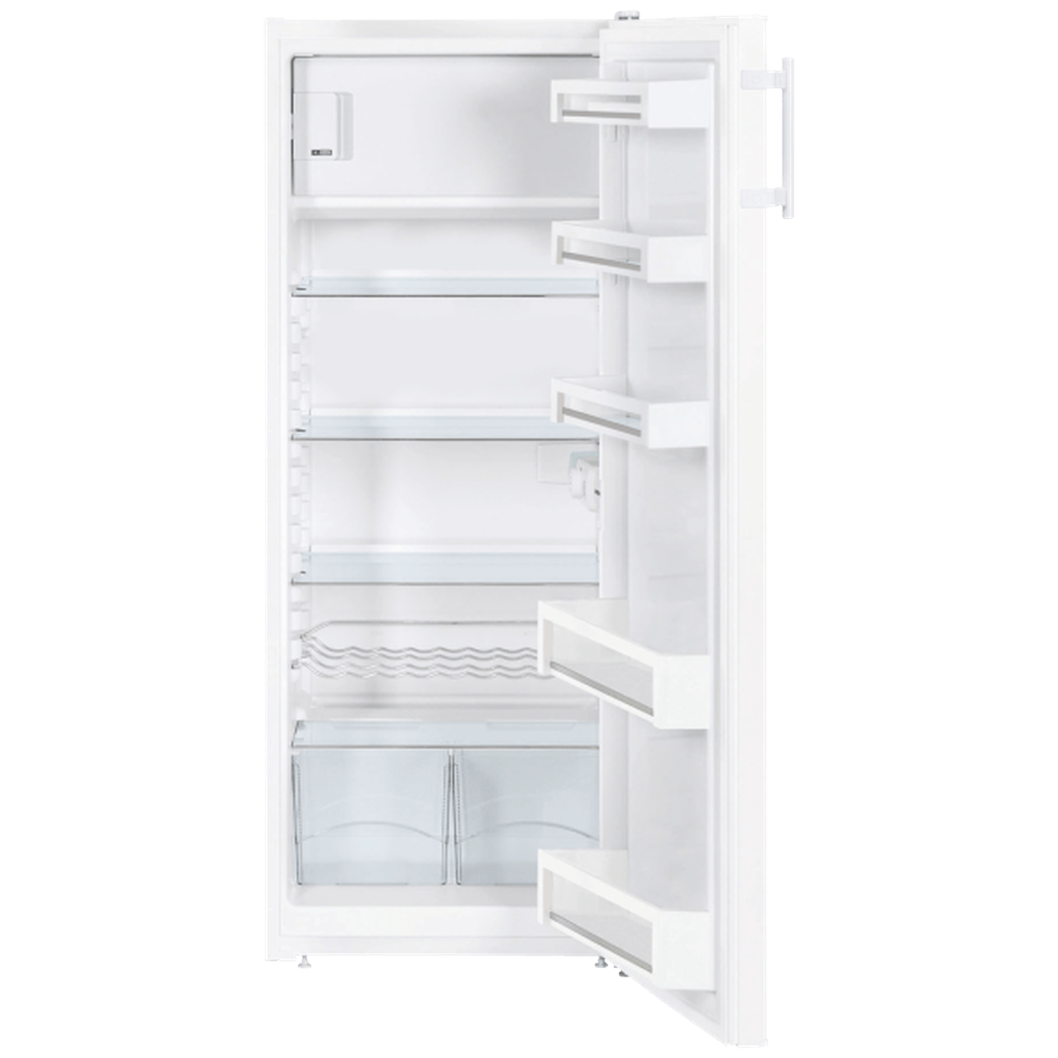 Open white refrigerator. It has glass shelves, white drawers and racks inside. The door is open.