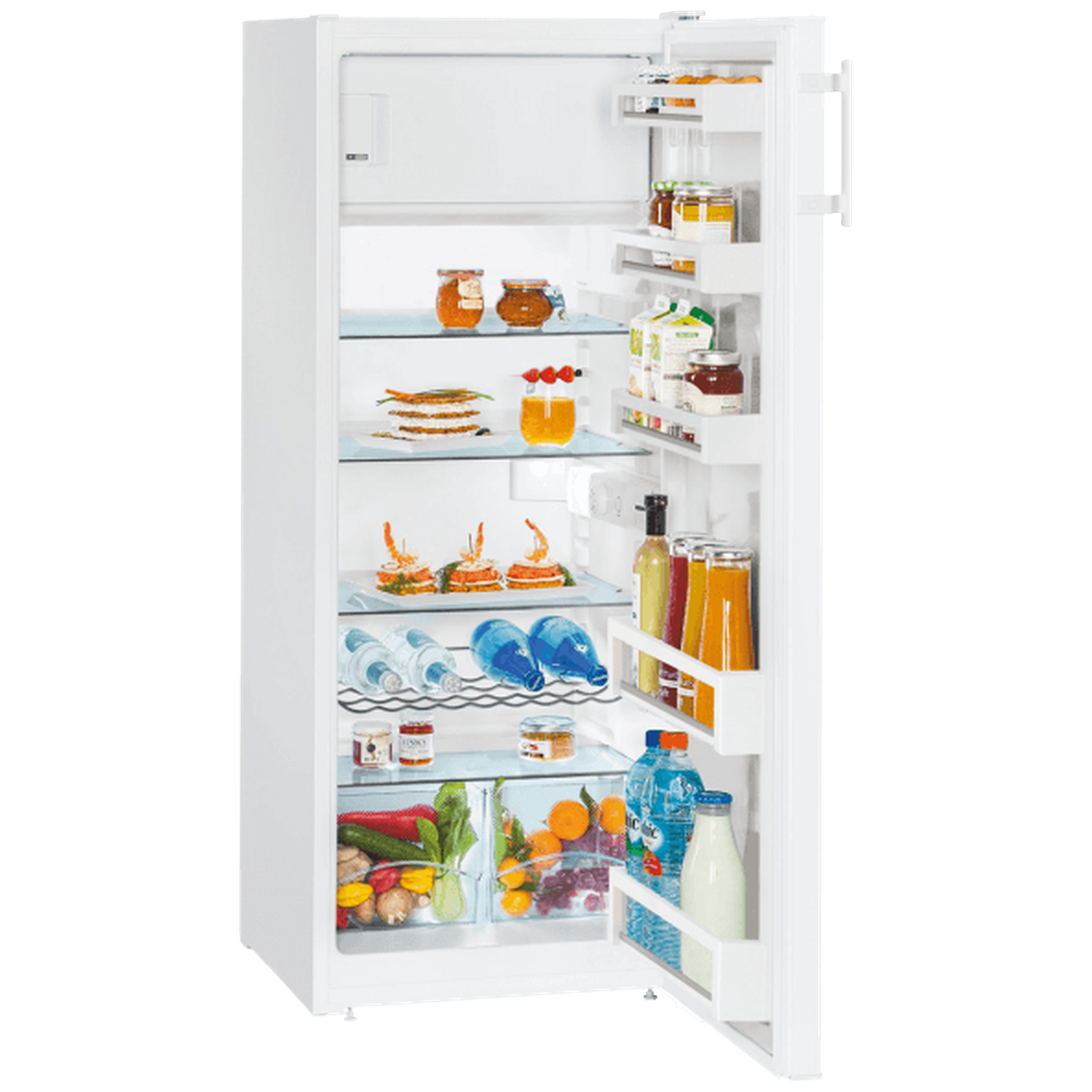 Open refrigerator filled with food: jars, drinks, fruits, vegetables, and pre-made appetizers. The fridge is white.