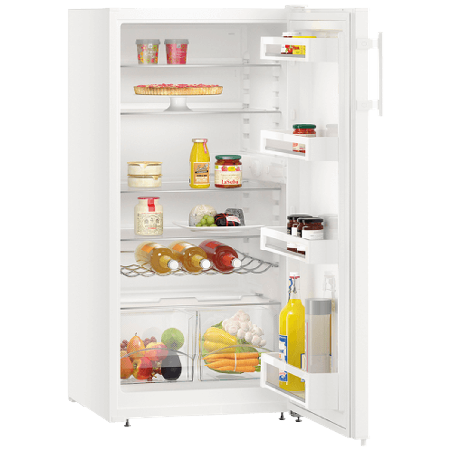 Open white refrigerator filled with food: jars, fruits, vegetables, bottles, and a pie. The door is ajar, showing inside contents.
