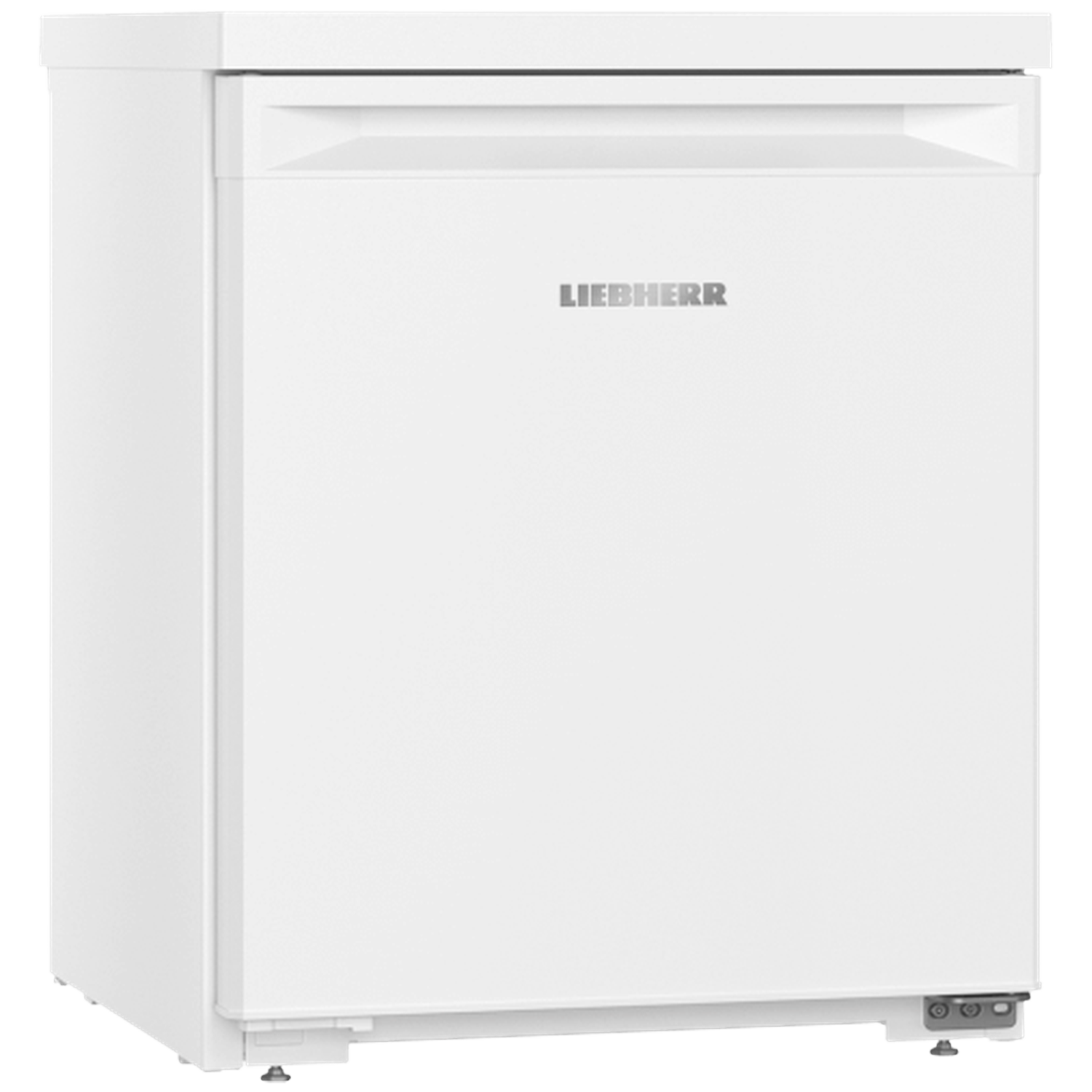 A white Liebherr refrigerator. It has a single door and the brand name is at the center. It stands on a white background.