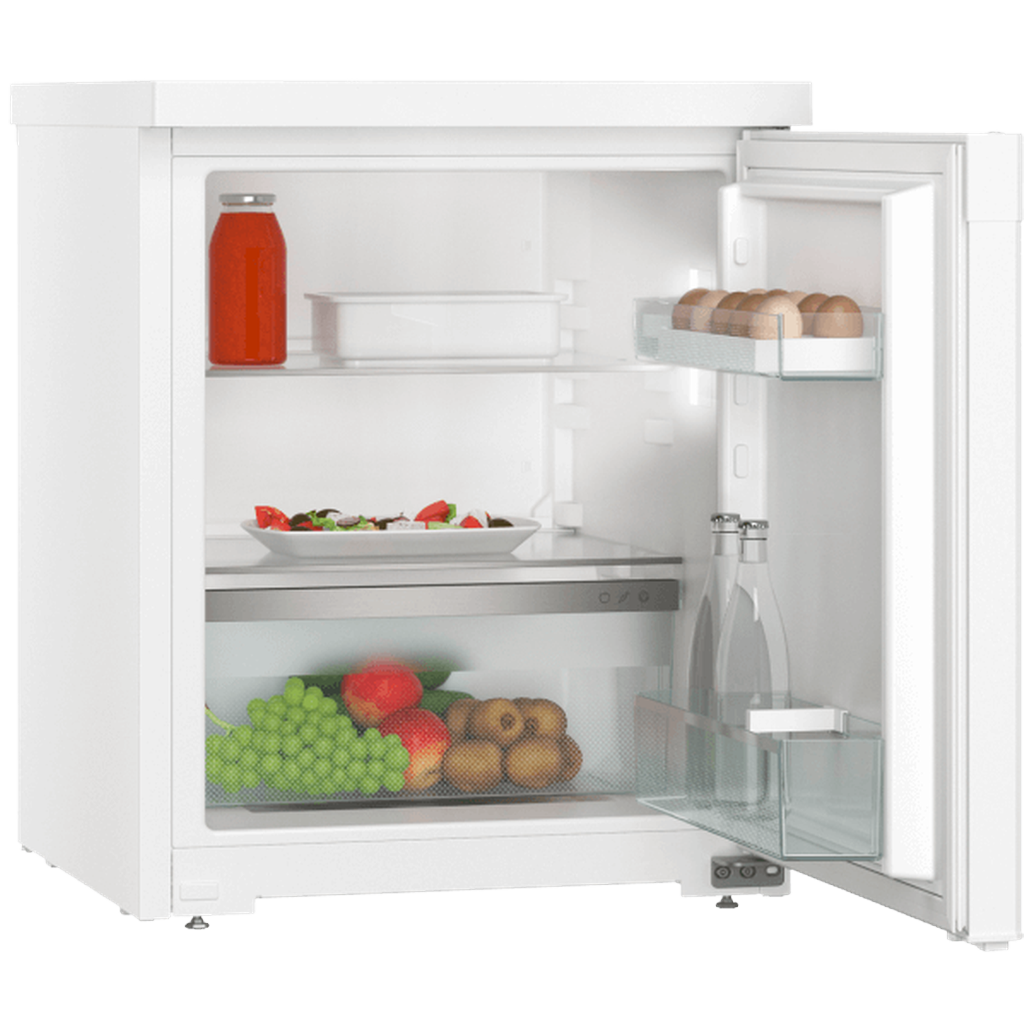 Open white mini-fridge with food inside. Includes a red bottle, eggs, salad, grapes, apples, kiwis, and water bottles.
