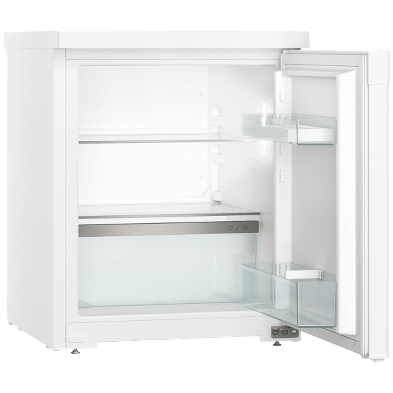 A white refrigerator with the door open, showing shelves and a clear drawer. The interior is white and mostly empty.