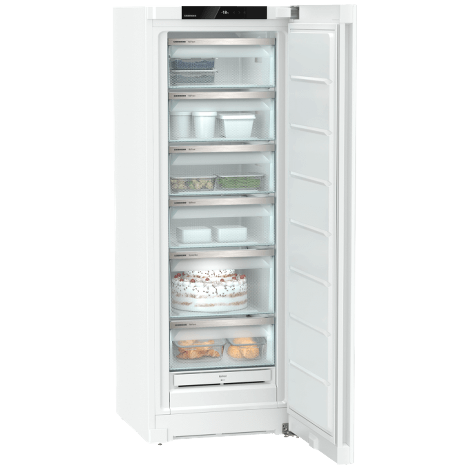 A white refrigerator with the door open, revealing several shelves containing food items like containers and a cake.