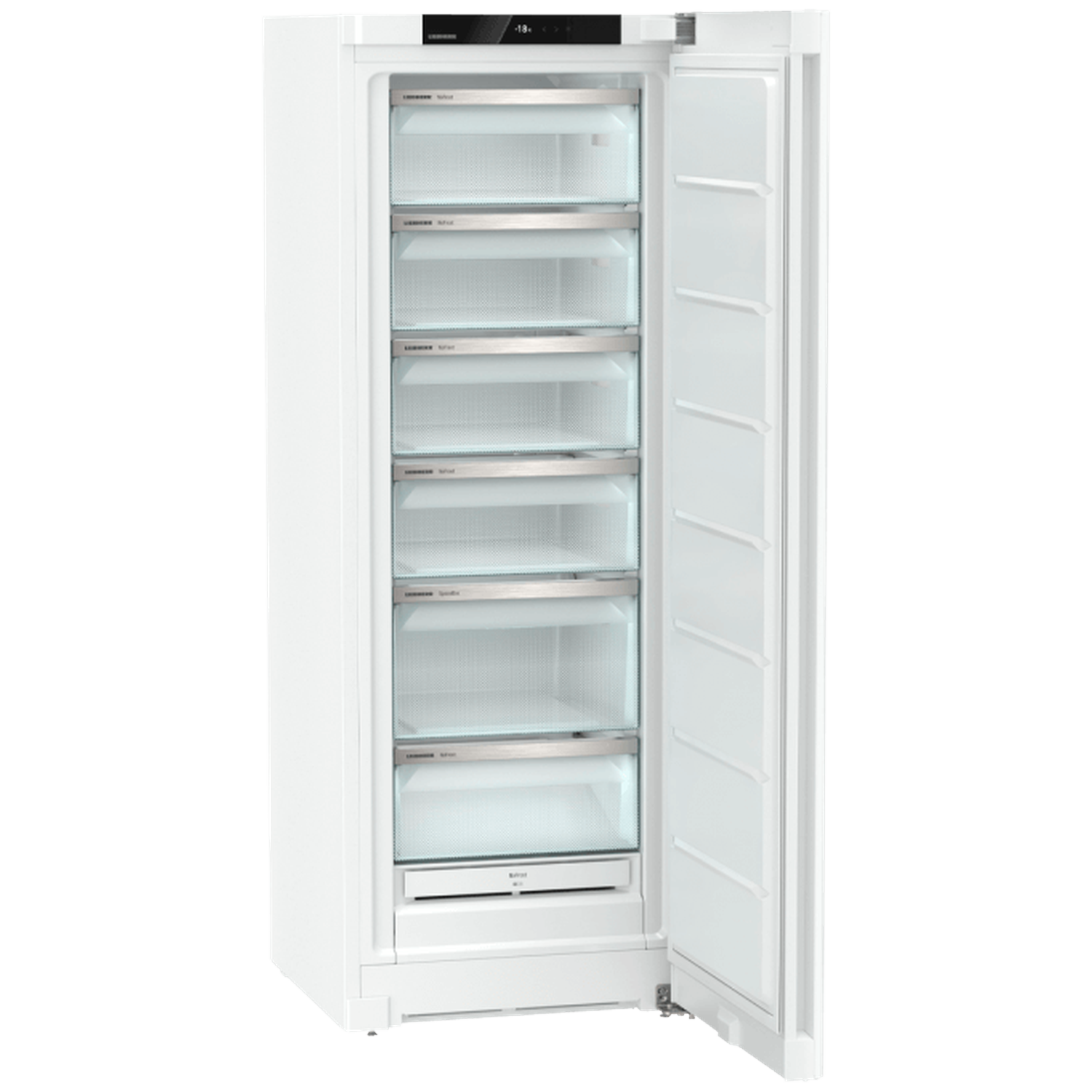 A white freezer with the door open, showing multiple shelves. The freezer's temperature is displayed. The interior is visible.