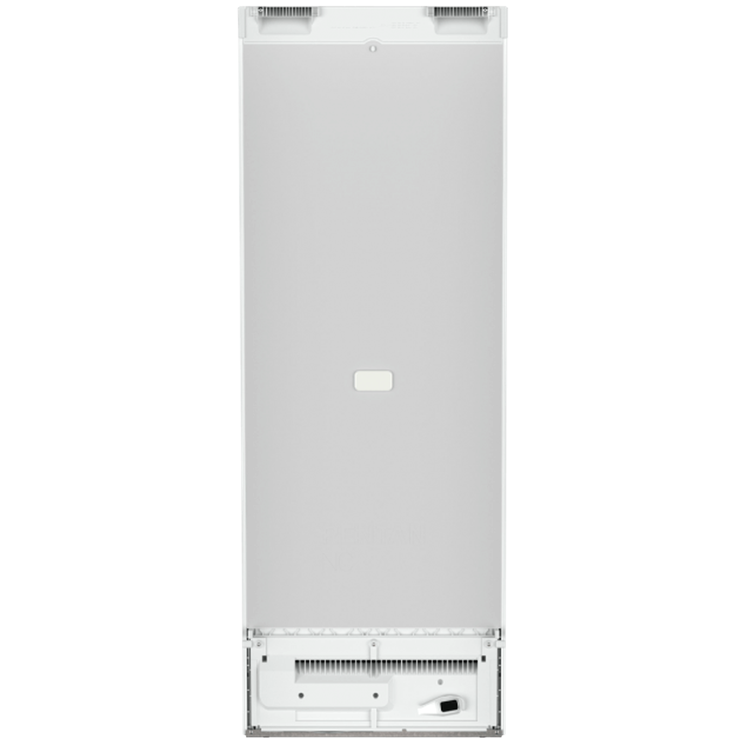 The back of a white refrigerator is shown. It has a vent at the top, a small white rectangle, and a larger vent at the bottom.