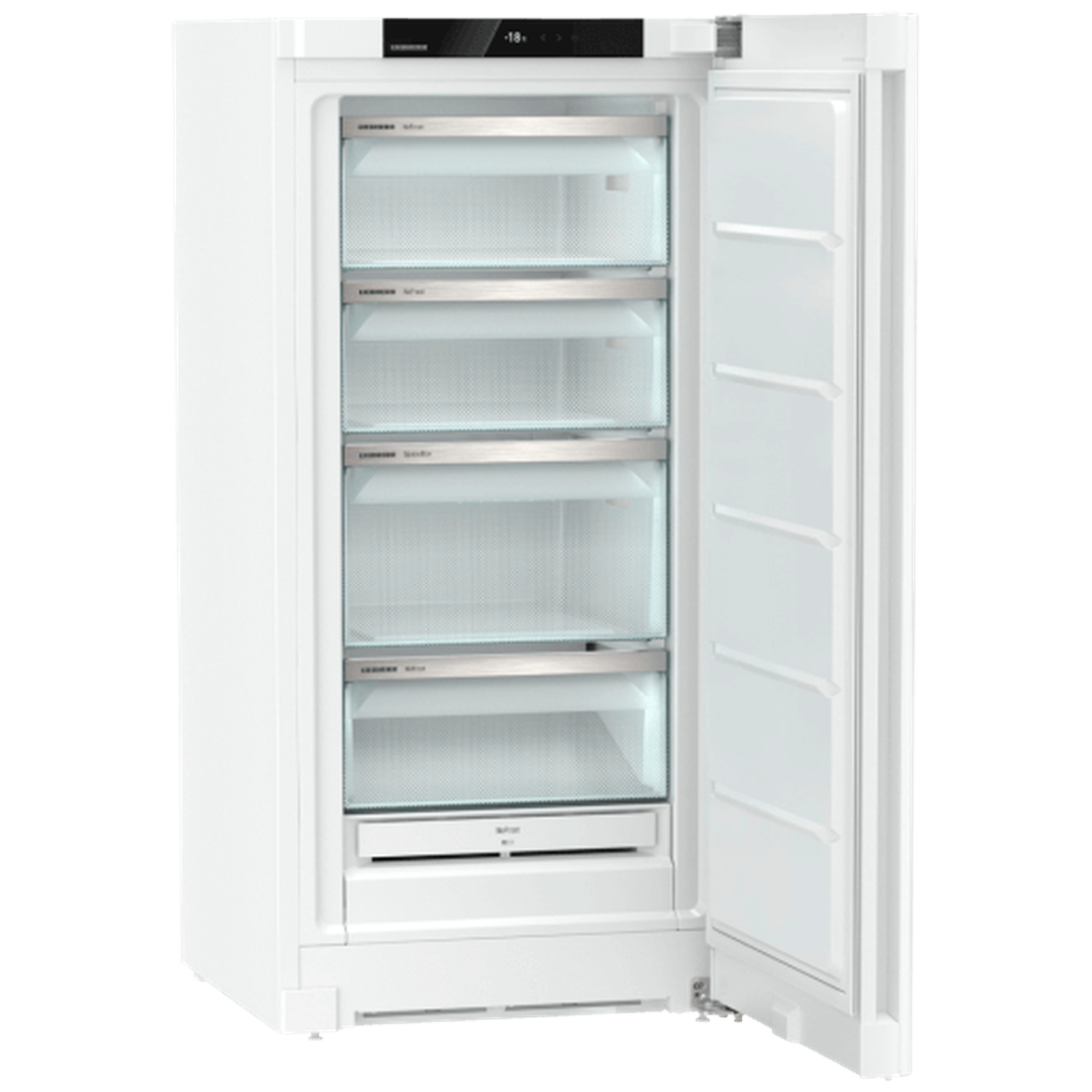 A white refrigerator with the door open, showing glass shelves. It has a digital display at the top, and the inside is empty.