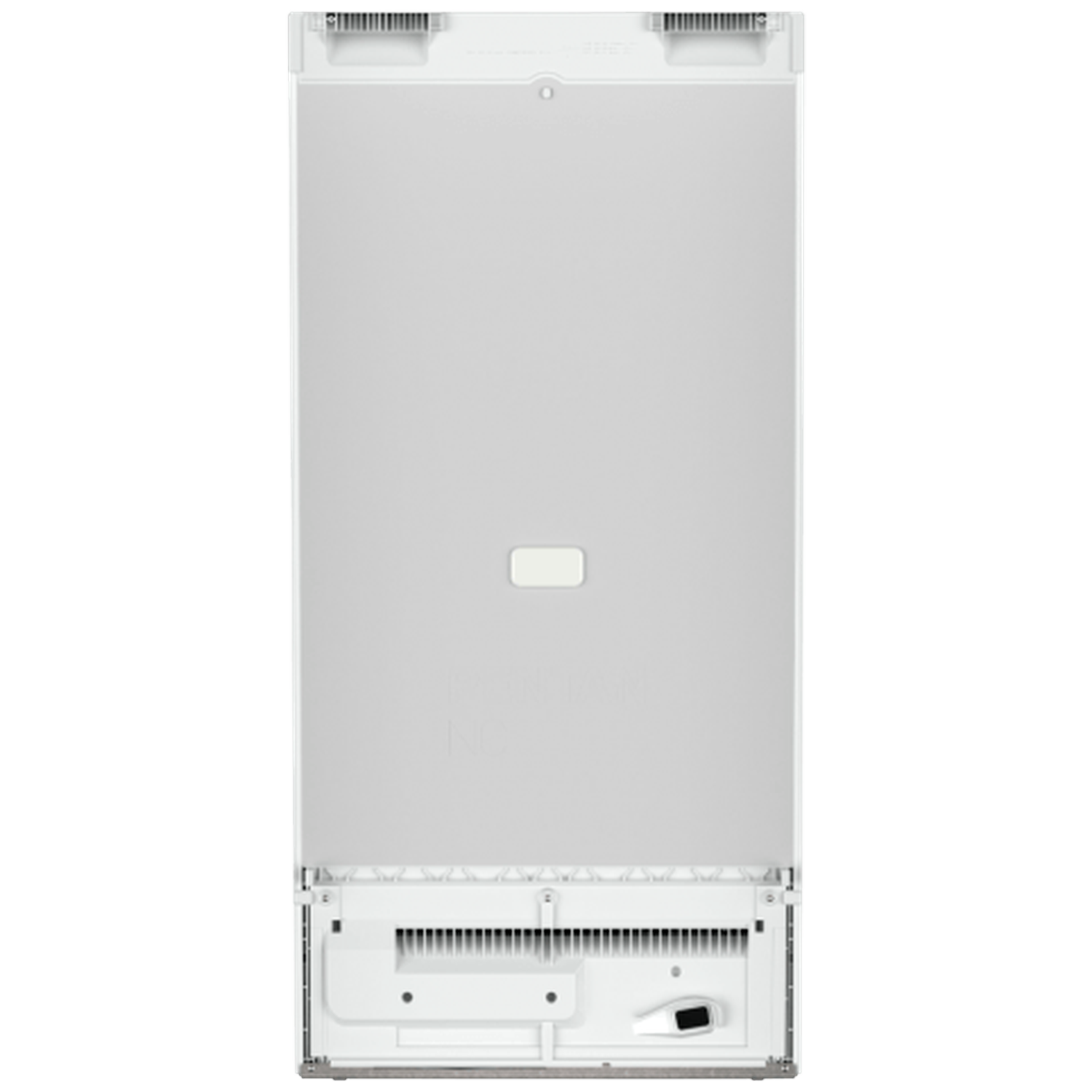 The back of a white refrigerator. It has a vent at the top and bottom. There is a small, rectangular button in the middle.