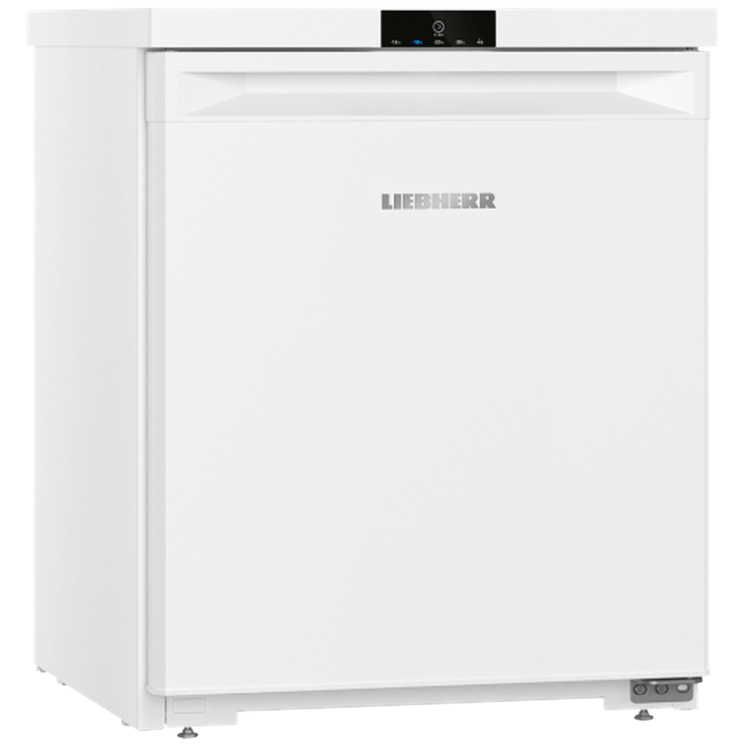 A white Liebherr freezer. It has a door with the brand name. It has a control panel at the top. The image is on a white background.
