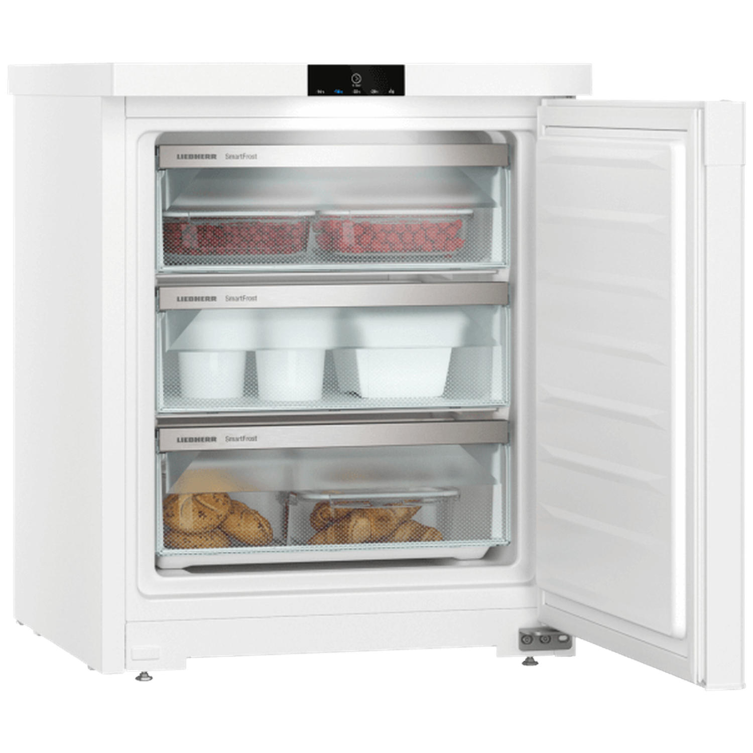 A white Liebherr freezer with the door open. It has three drawers with food inside. The top has a digital display.