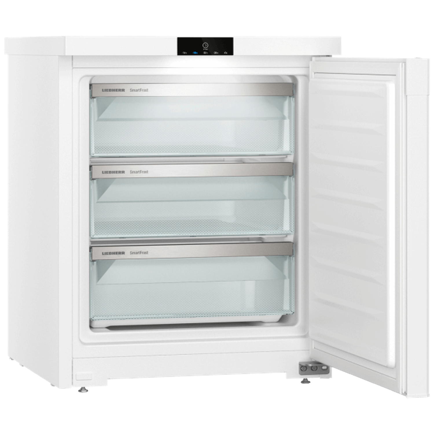 White freezer with open door. It has three transparent drawers. A control panel is at the top. The freezer sits on small silver feet.