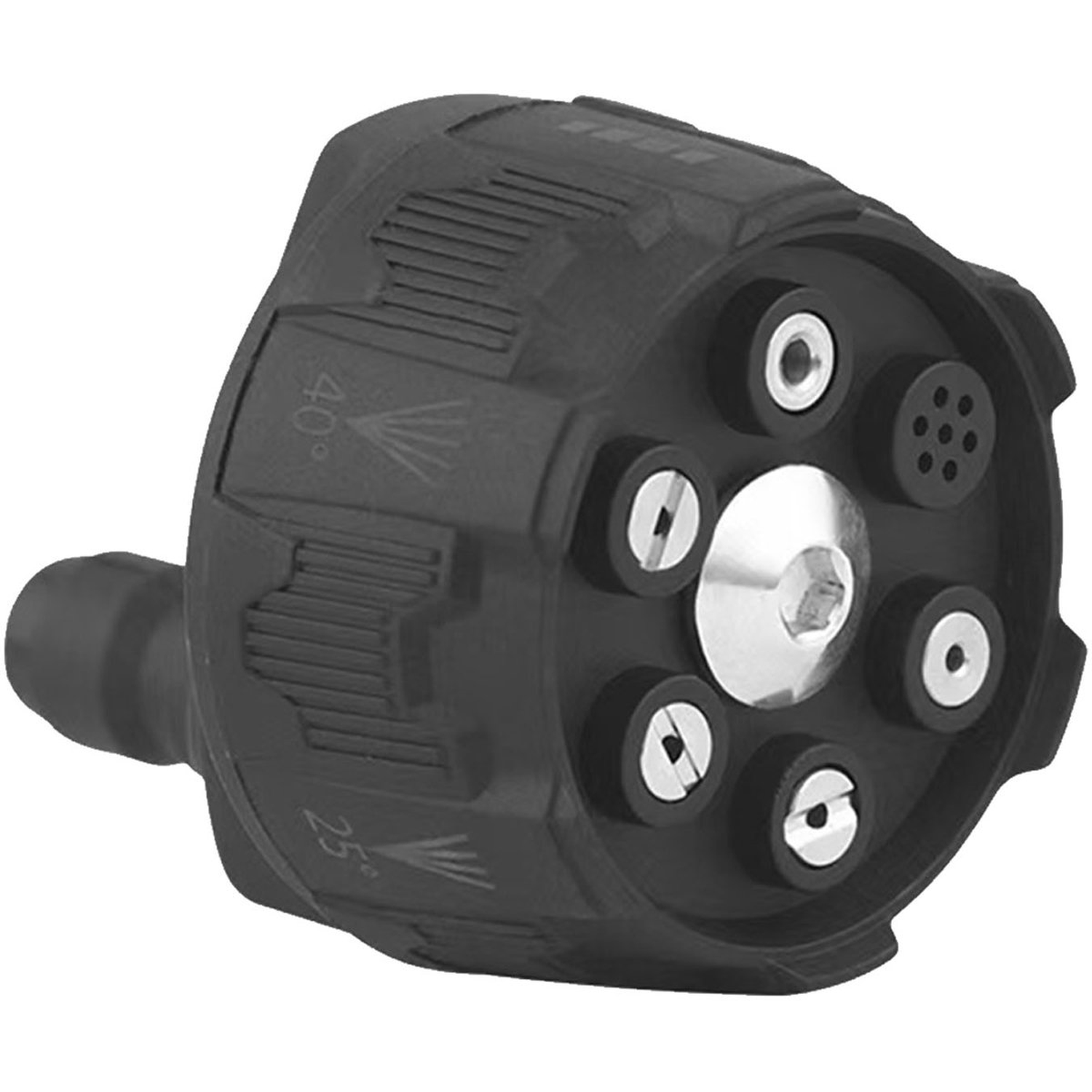 A black pressure washer nozzle with six spray settings and a central metal component. The nozzle is on a white background.