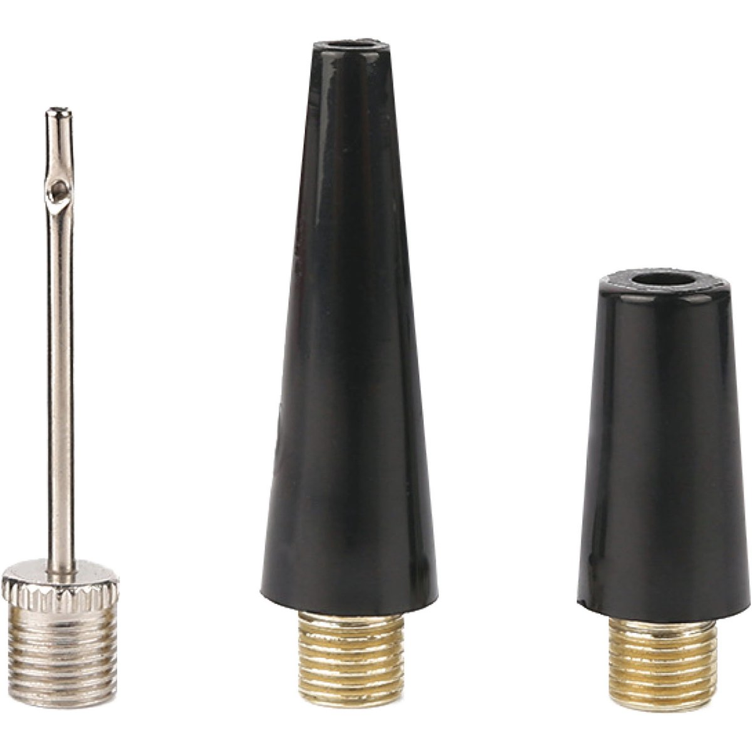 Three inflation nozzles. One with a needle, two with black cones and gold threaded bases. All on a white background.