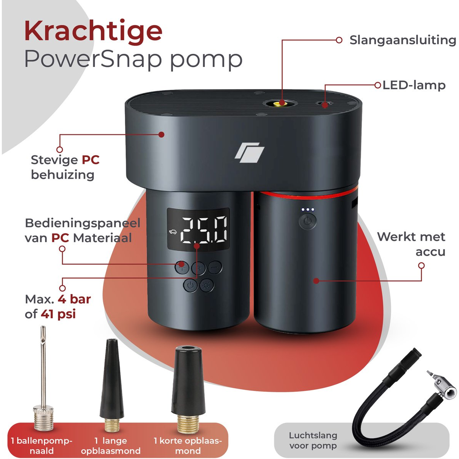 Image shows a black and gray PowerSnap pump with accessories. Text labels parts and functions like 'LED-lamp' and 'Max. 4 bar'.