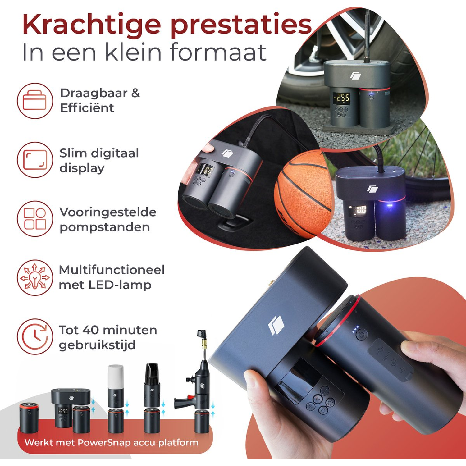 Image shows a portable air pump with digital display, inflating a tire and a basketball. Features include LED lamp and PowerSnap platform.