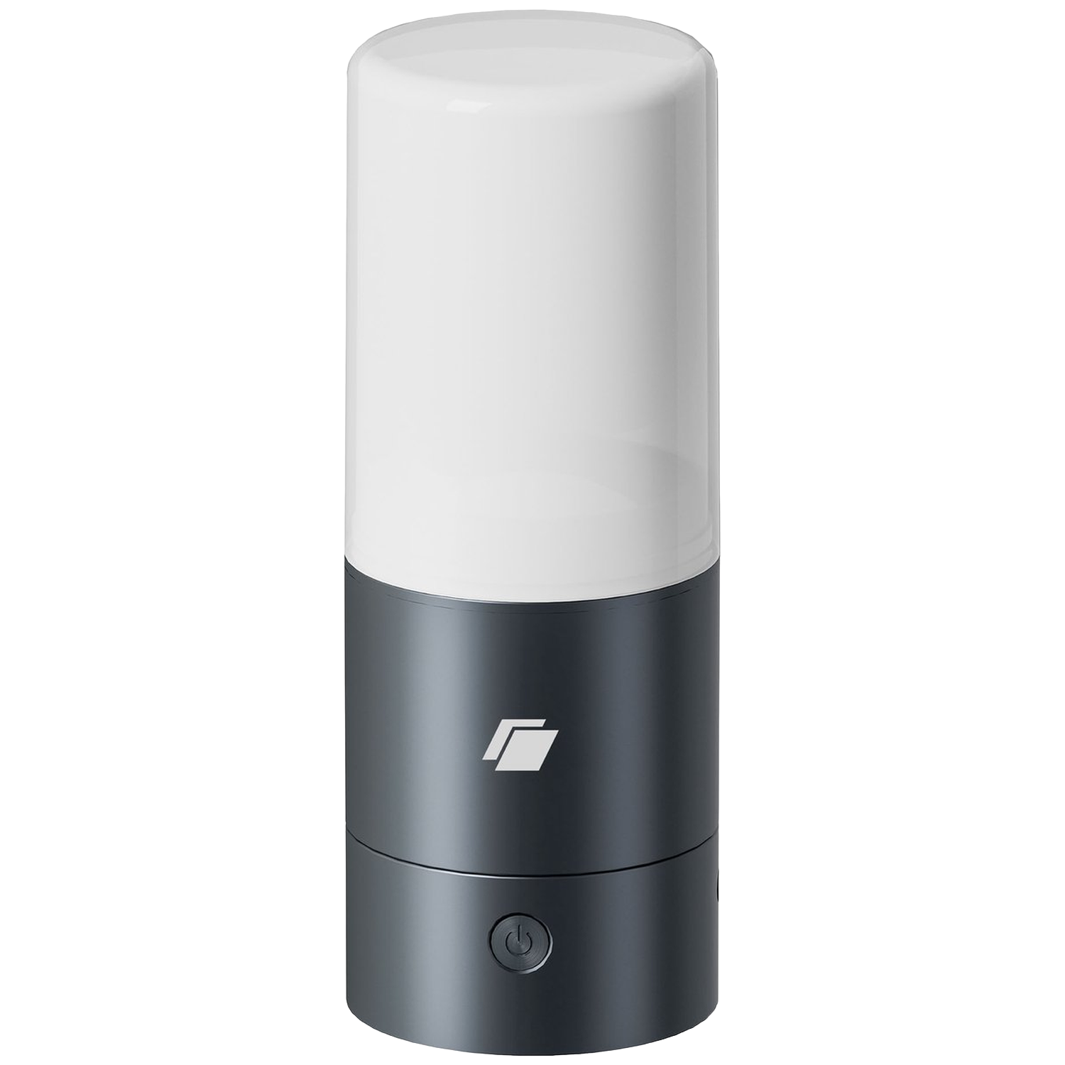 Een cilindrische lamp met een witte bovenkant en een donkergrijze basis. Het heeft een aan/uit-knop en een logo.