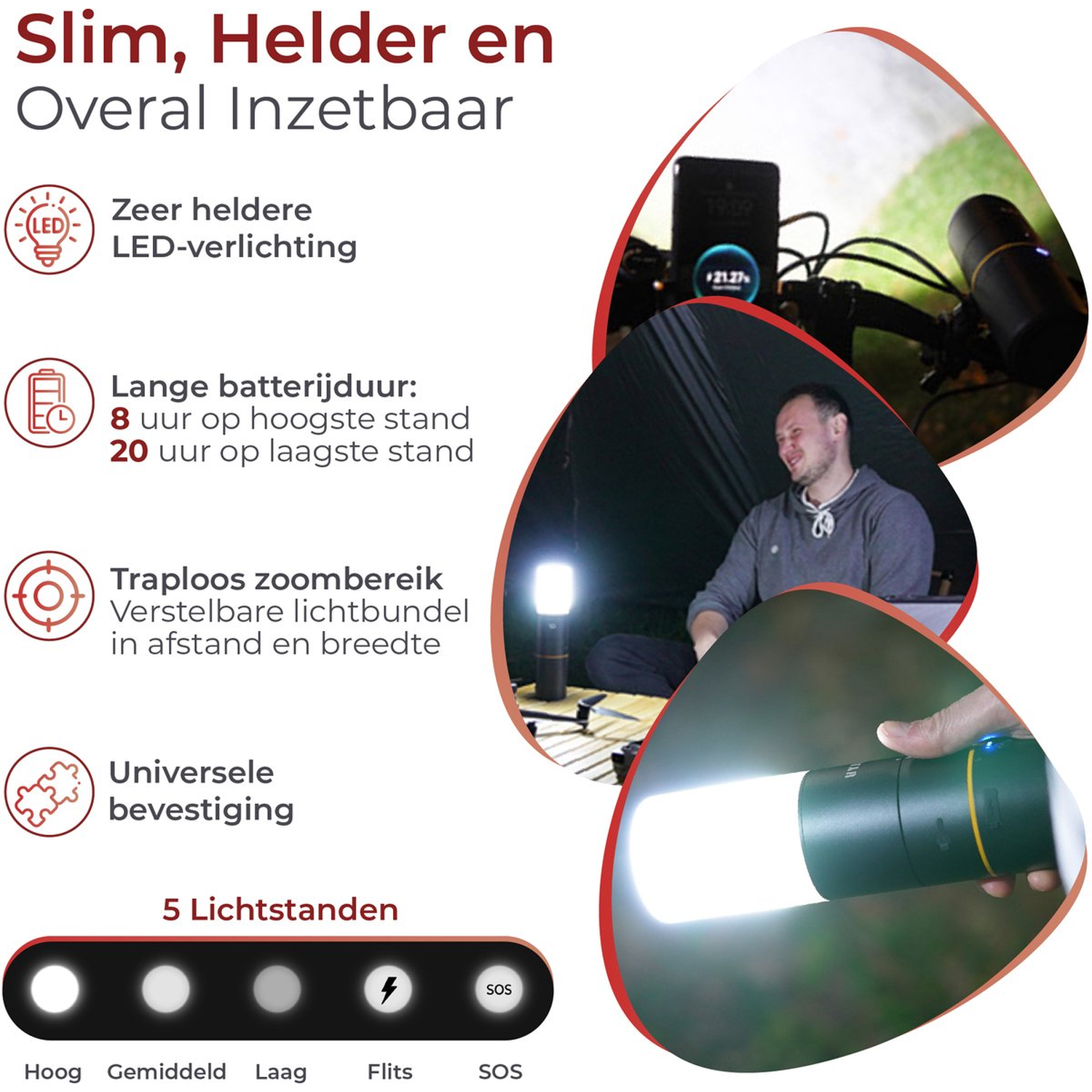 Afbeelding toont een zaklamp met helder licht, een man op de achtergrond en tekst over de kenmerken van de zaklamp.