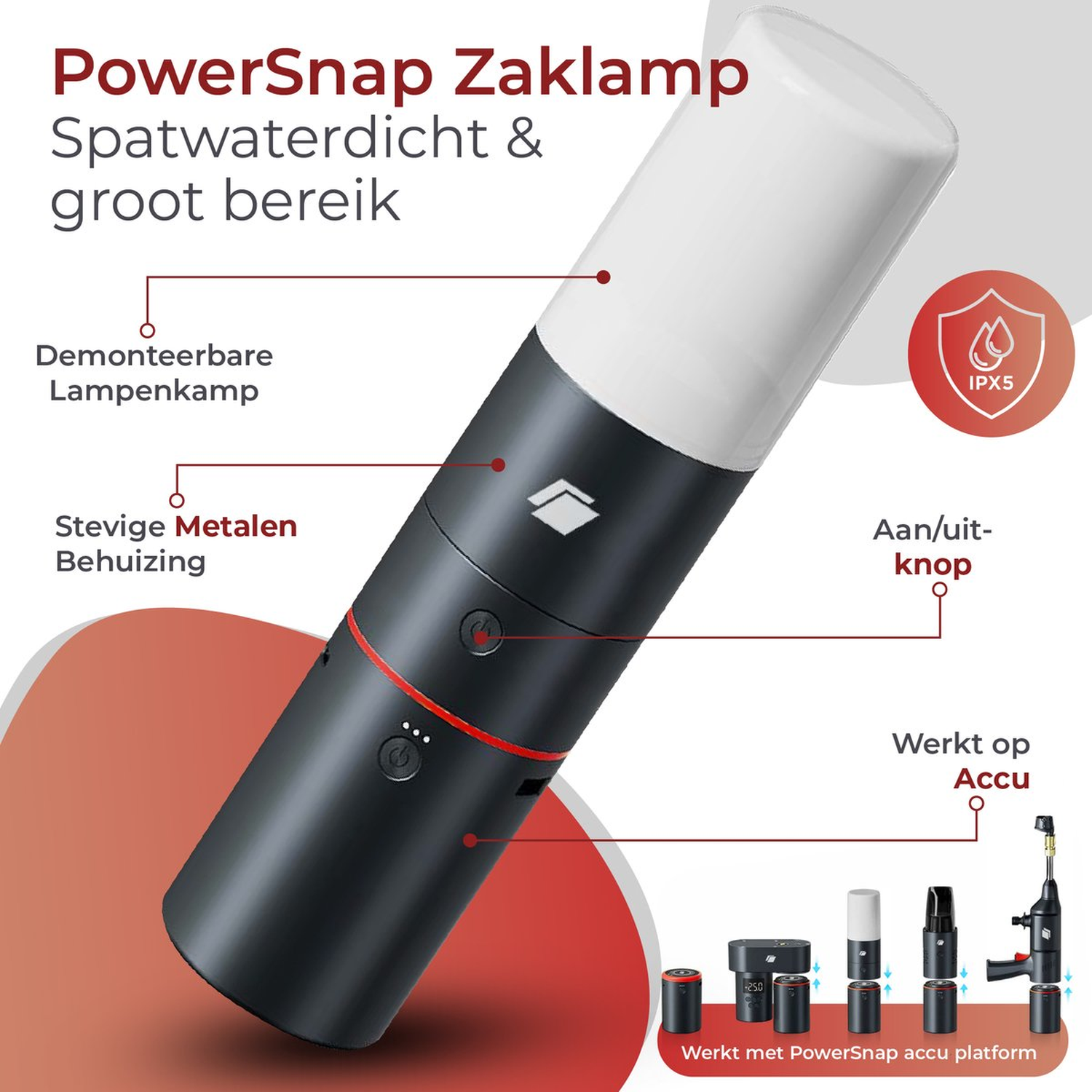 Een zwart-witte PowerSnap zaklamp. Het heeft labels met kenmerken zoals een afneembare lamp en een stevige metalen behuizing. Heeft ook een IPX5-classificatie.