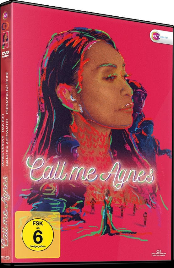 DVD-Cover. Profil einer Frau, Titel 'Call me Agnes'. Rosa Hintergrund, Figuren und Text.