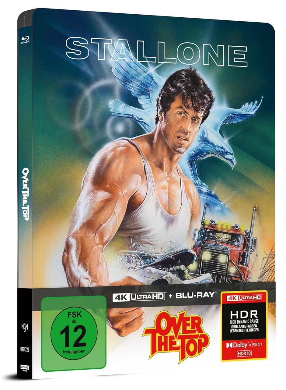 Blu-ray-Cover für 'Over the Top' mit Sylvester Stallone. Enthält Stallone, einen Truck und eine Adlergrafik sowie Filmdetails.