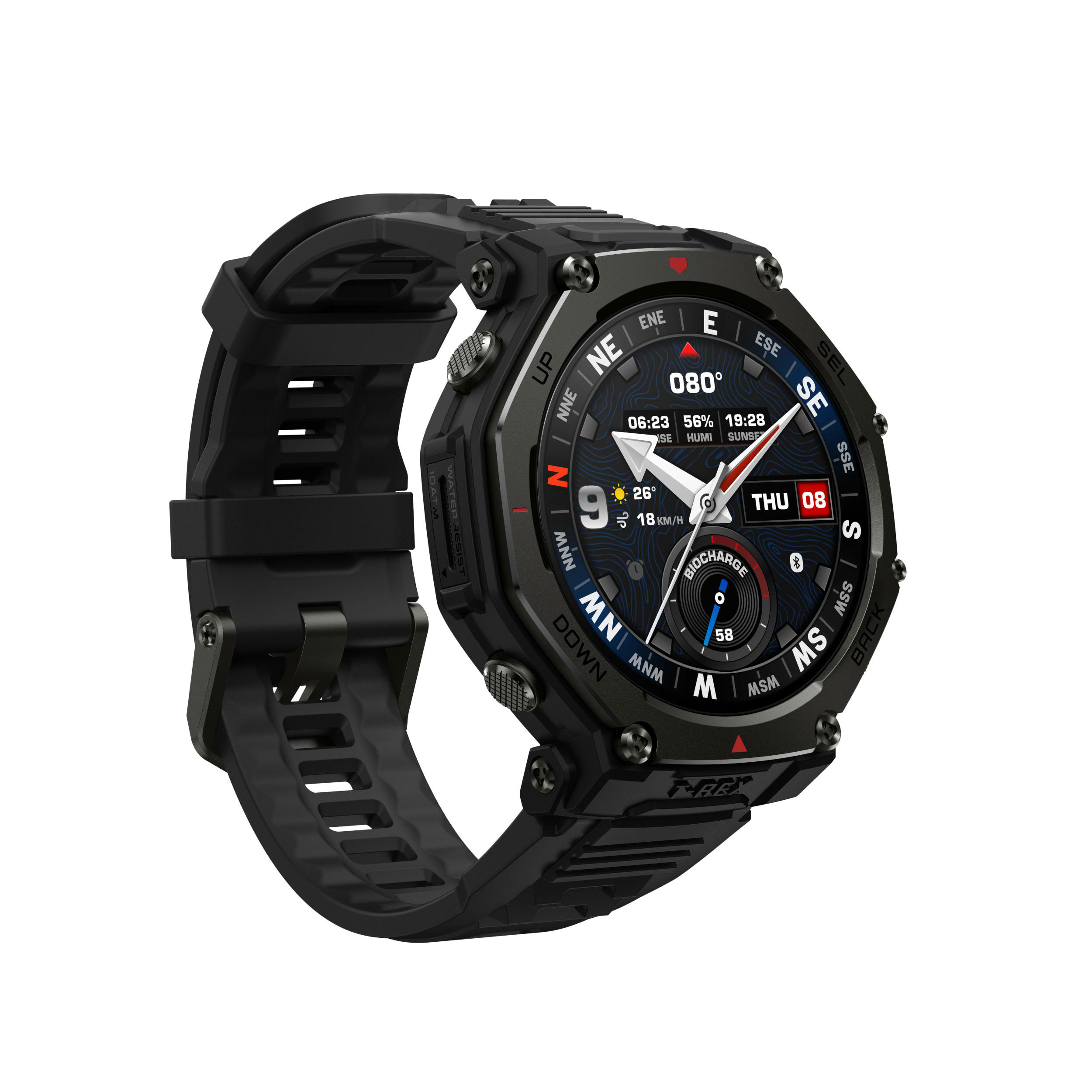 Schwarze Smartwatch mit digitaler Anzeige, die Zeit, Richtung und Gesundheitsmetriken anzeigt. Schwarzes Armband und Knöpfe.