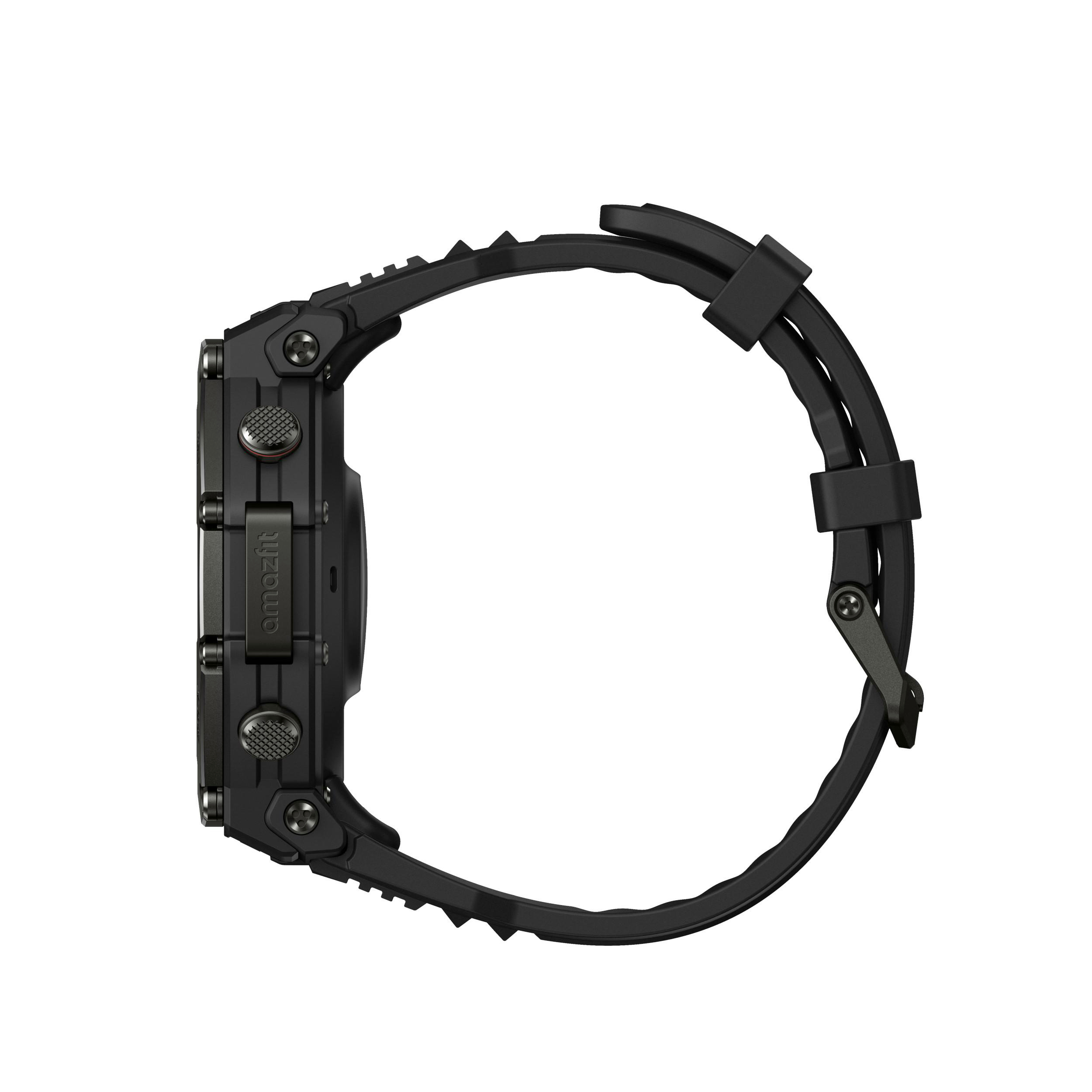 Schwarze Amazfit Smartwatch, Seitenansicht. Merkmale sind Knöpfe, ein Bildschirm und ein Armband. Isoliert auf weißem Hintergrund.
