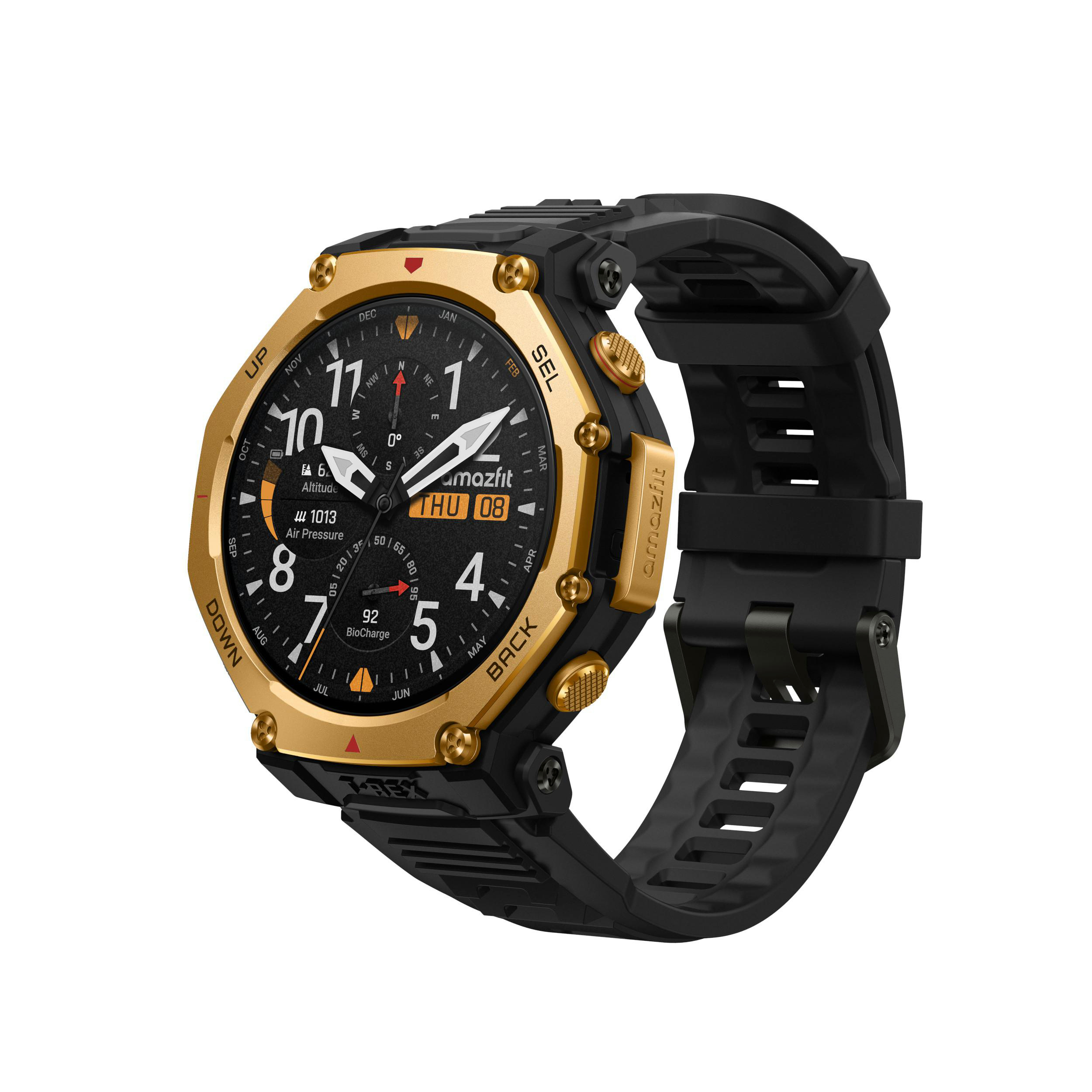 Eine schwarz-goldene Amazfit-Smartwatch. Sie hat ein schwarzes Armband und ein rundes Zifferblatt mit Zahlen.